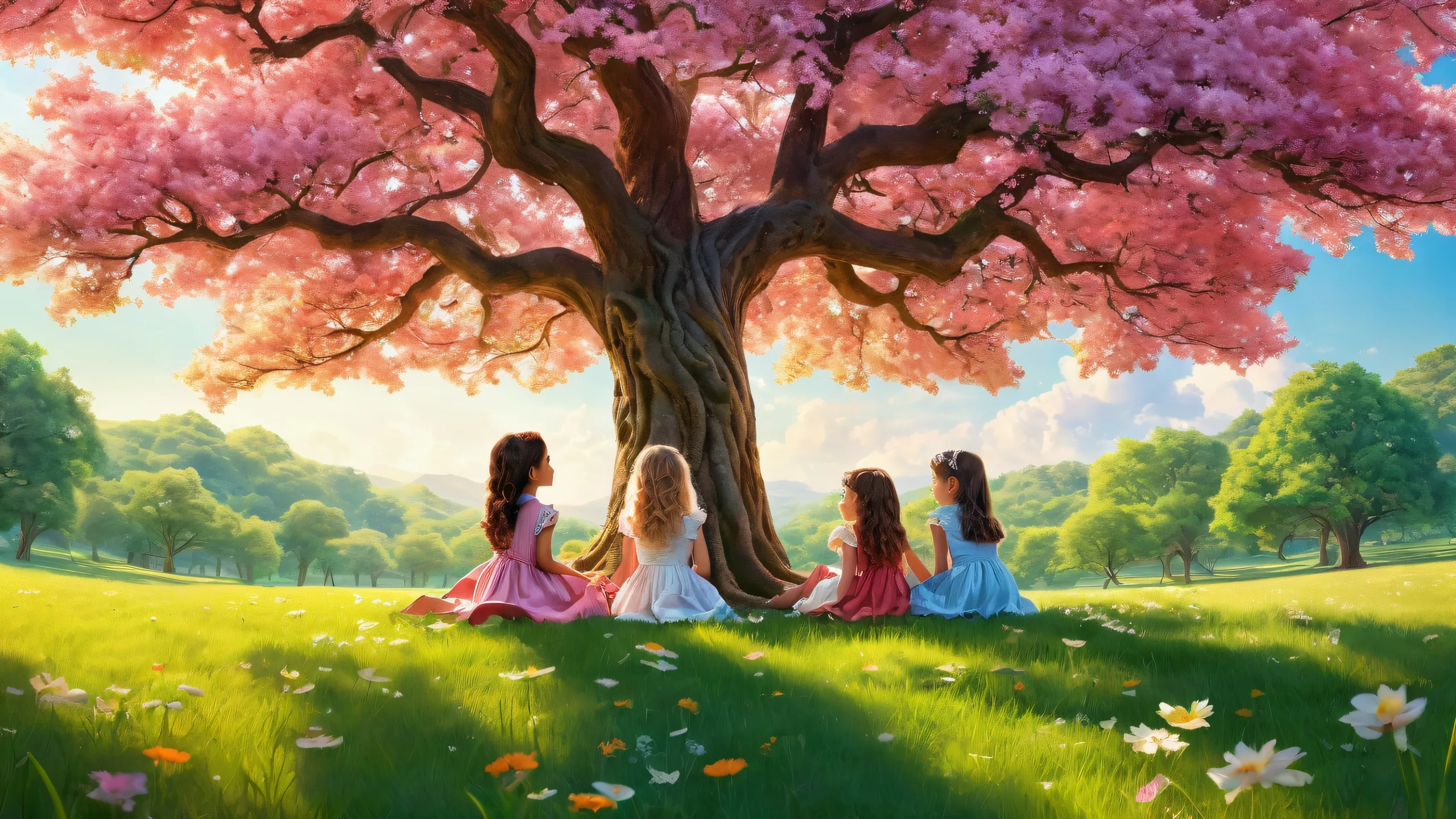 Colorful desktop wallpaper featuring multiple girls in a serene and vibrant natural setting with a majestic tree, suitable for PC or Desktop.