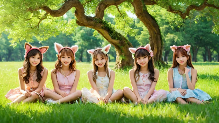 Ethereal desktop wallpaper featuring multiple girls with animal ears in a lush forest scene, suitable for PCs and desktops.