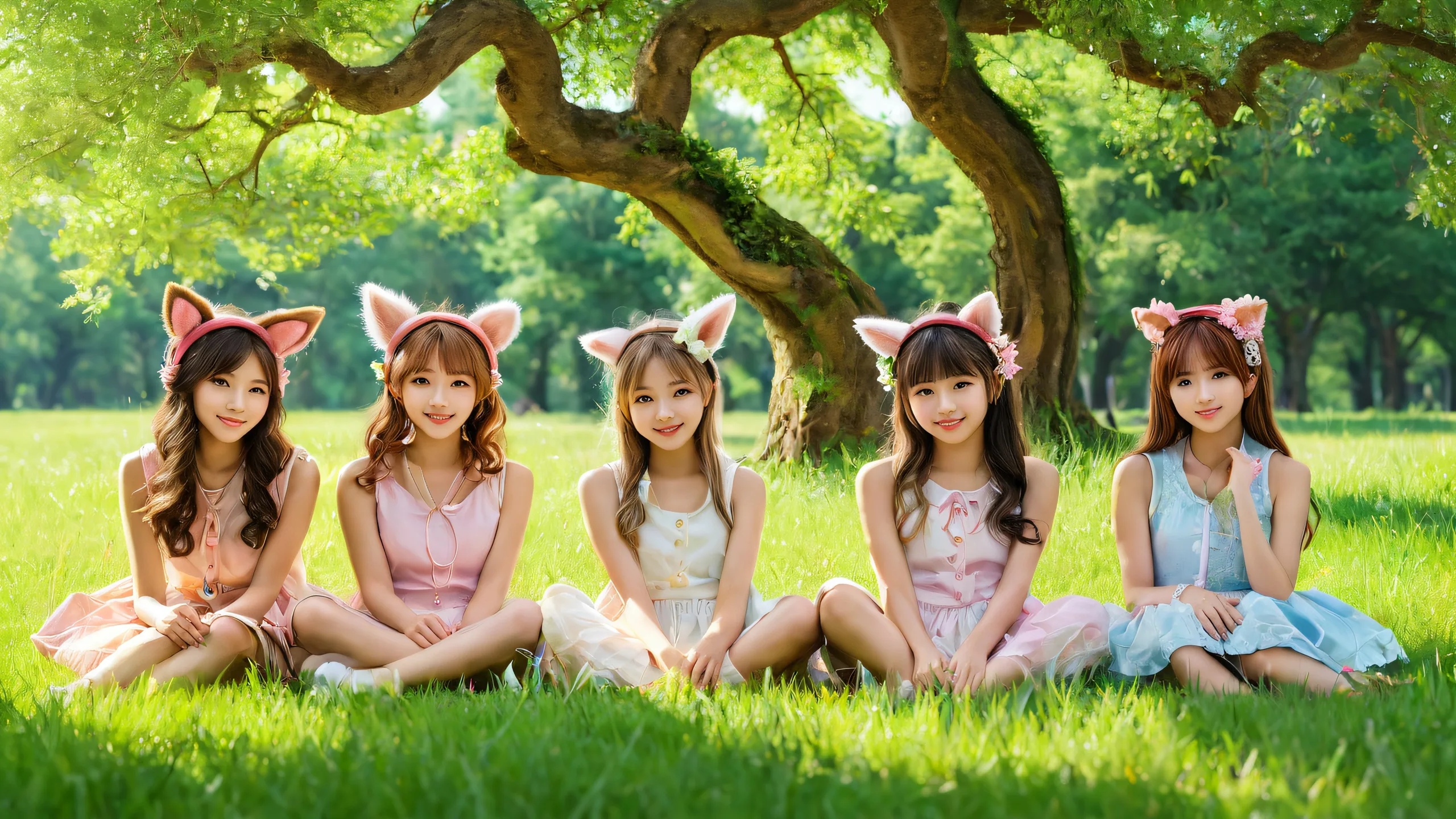 Ethereal desktop wallpaper featuring multiple girls with animal ears in a lush forest scene, suitable for PCs and desktops.
