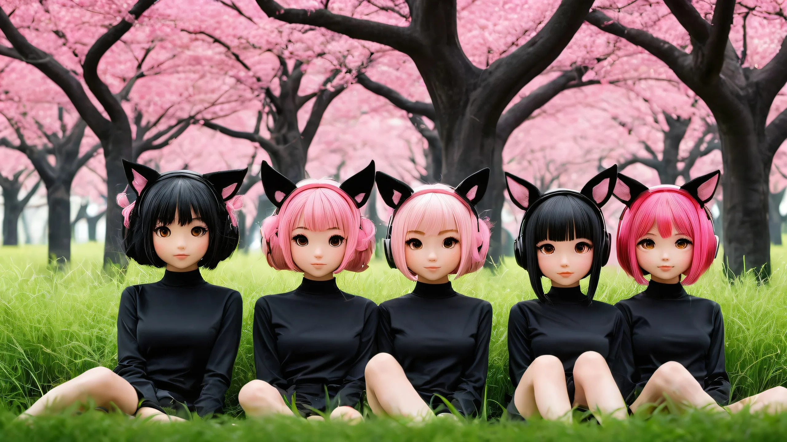 Girls with animal ears and tree/grass background on a clean void desktop for PC or laptop use