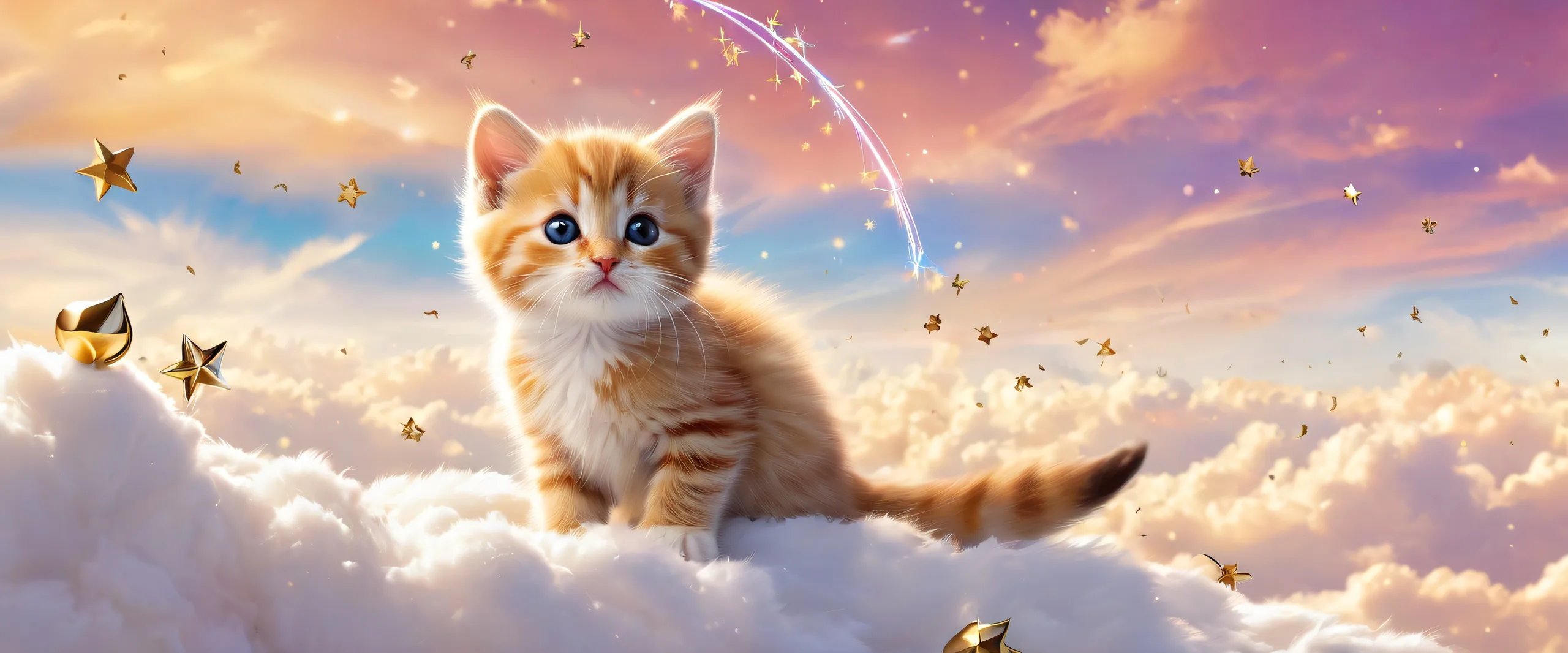 A serene desktop scene of a kitten amidst vast, pure void with fluffy clouds and shooting stars, perfect for Desktop/PC.