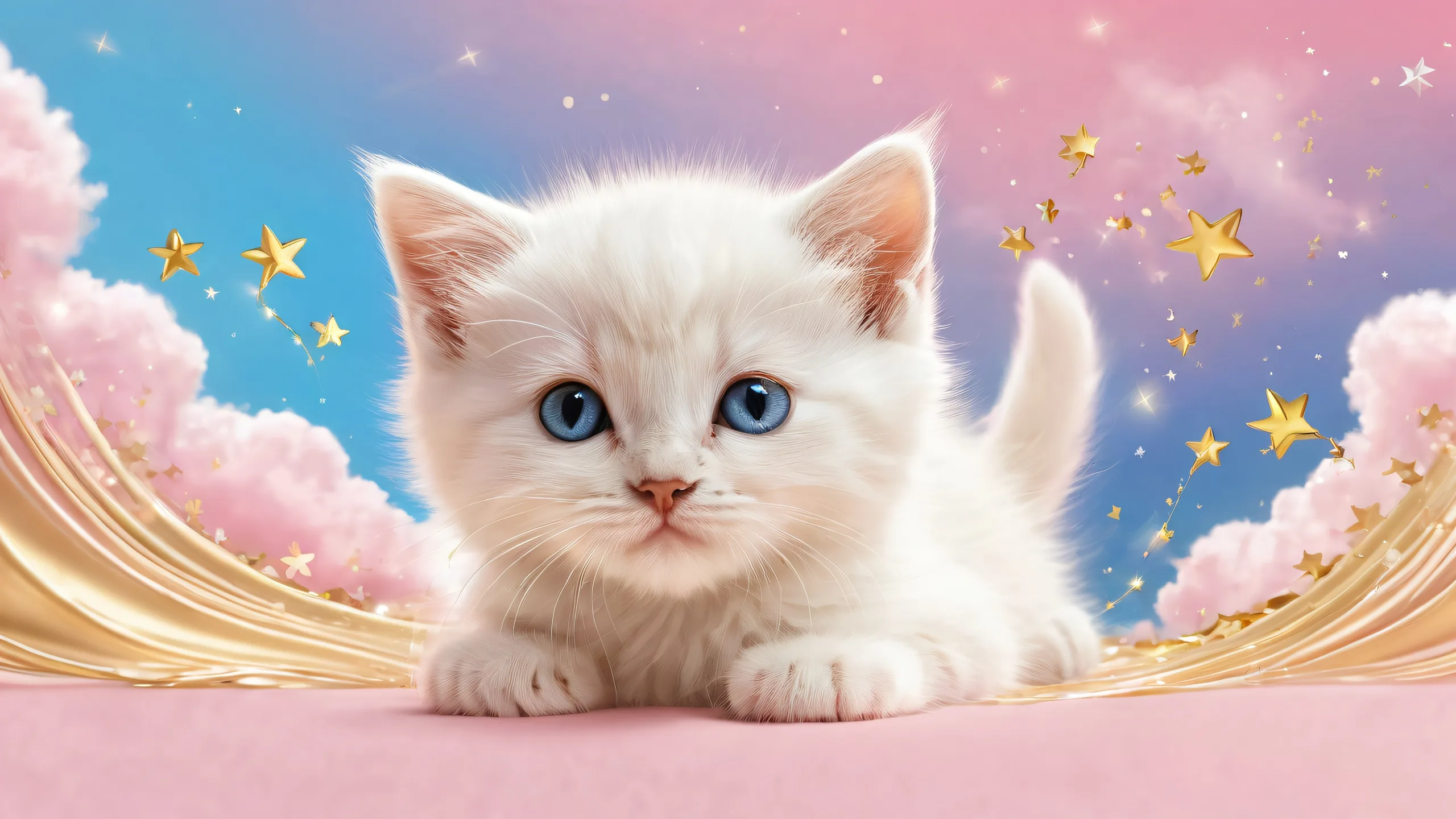 Breathtaking desktop wallpaper of a kitten in a vast pure void with white fluffy clouds and gold dusted shooting stars leaving trails of lights behind, suitable for Desktop/PC.