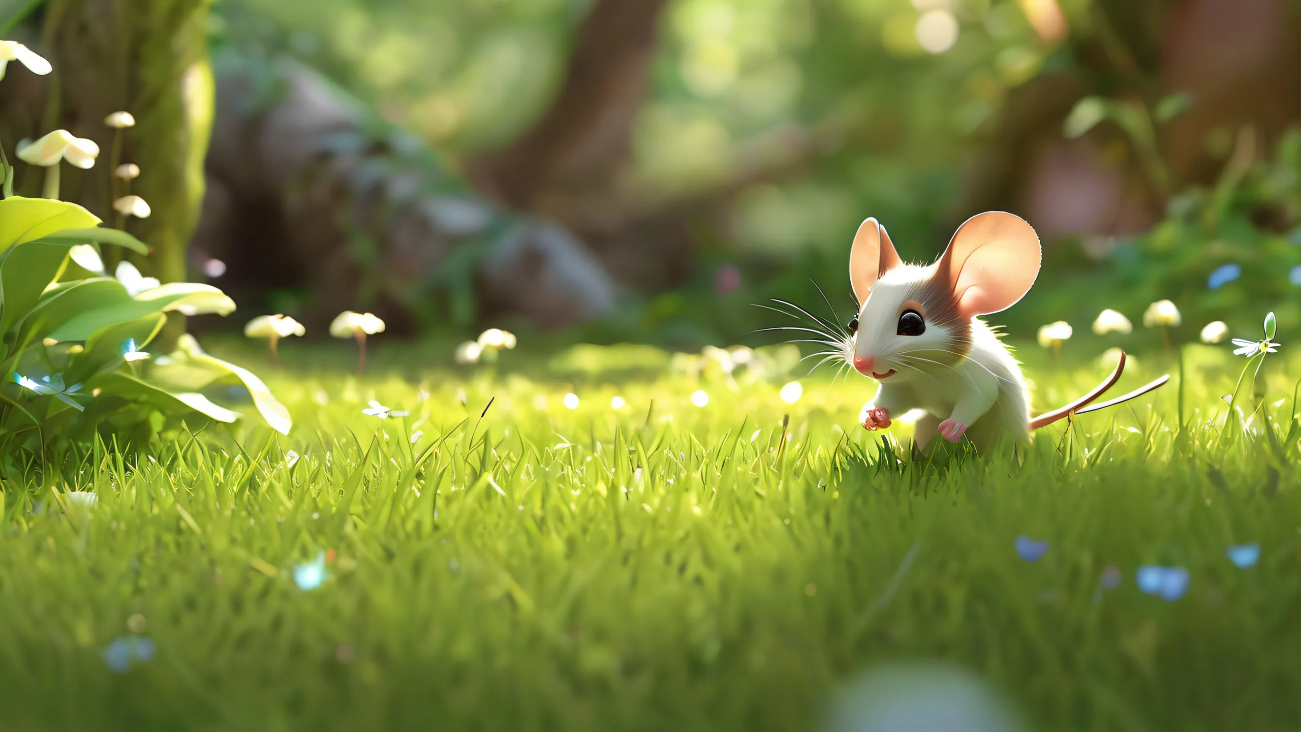 Breathtaking desktop scene of Mousy Playtime set against a vast, pure void with soft magical light and distant fireflies, suitable for Desktop/PC