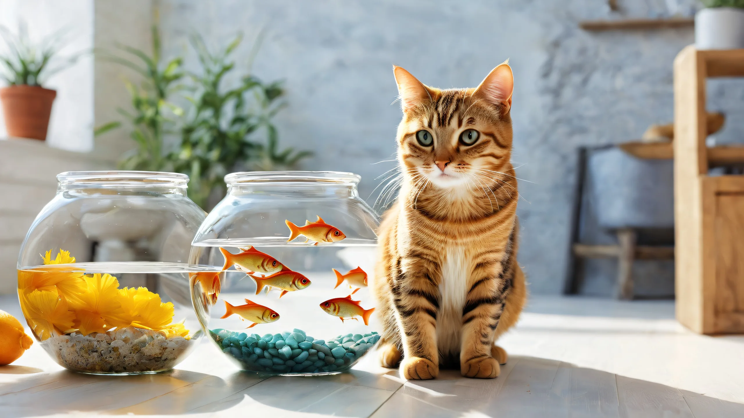 A beautiful desktop wallpaper featuring an anthropomorphized tabby cat with a fish, perfect for your PC or Desktop.