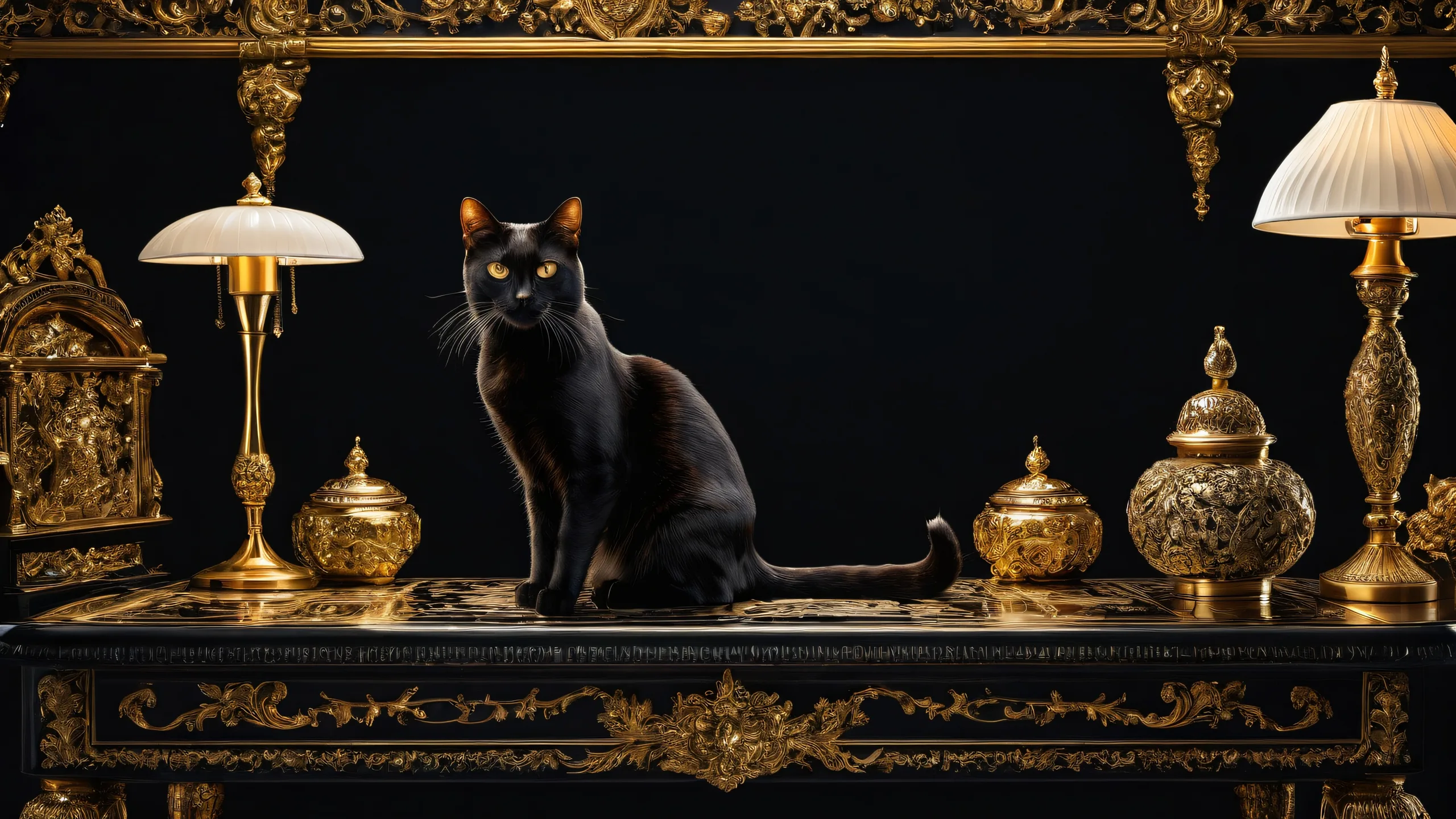 Anthropomorphic cat sitting on a void with market stall reflections on desktop/pc