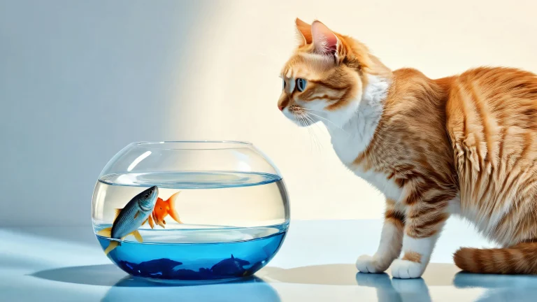 A whimsical anthropomorphized cat with a fish, set against a vast pure void on a desktop or PC.