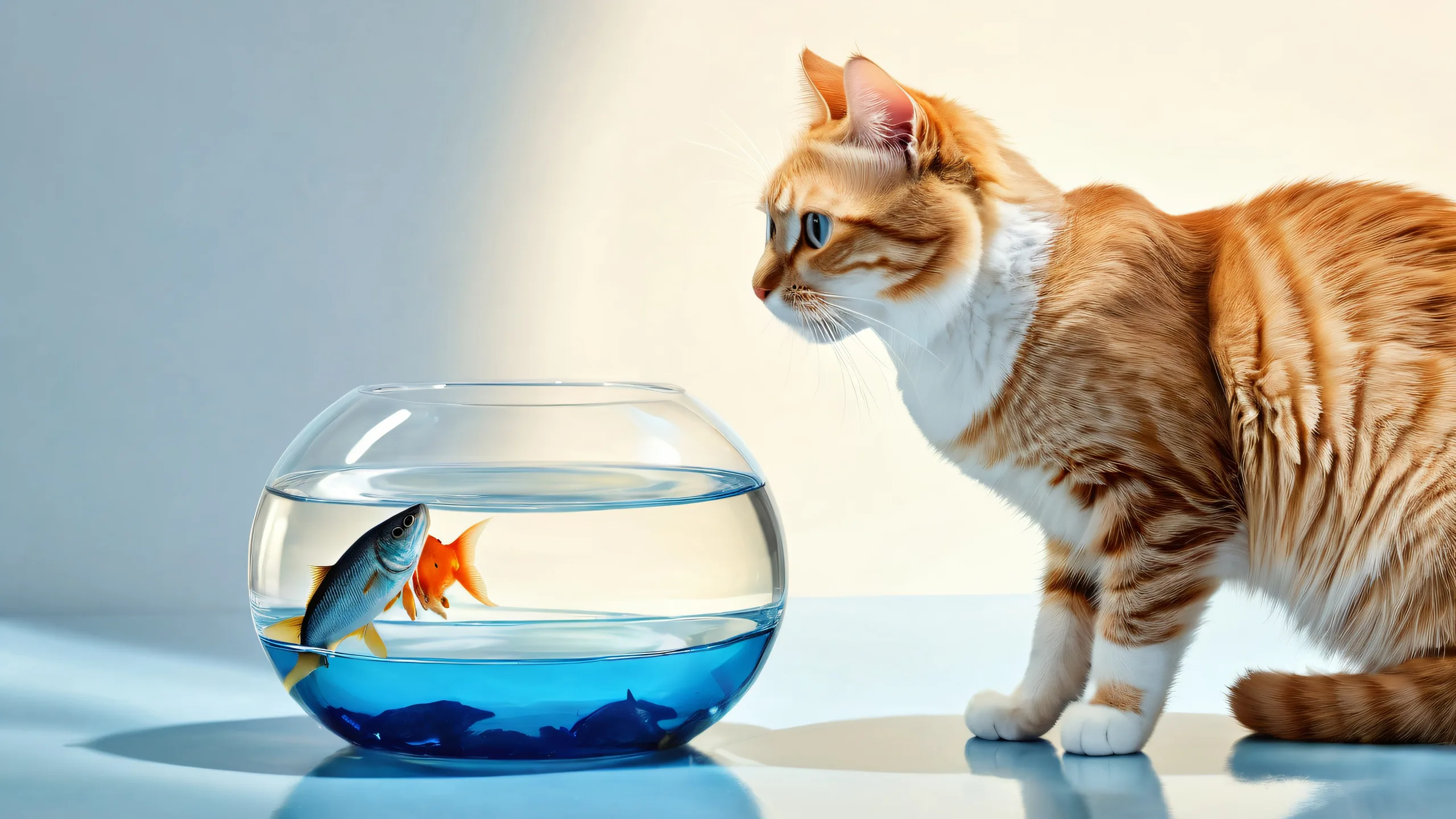 A whimsical anthropomorphized cat with a fish, set against a vast pure void on a desktop or PC.