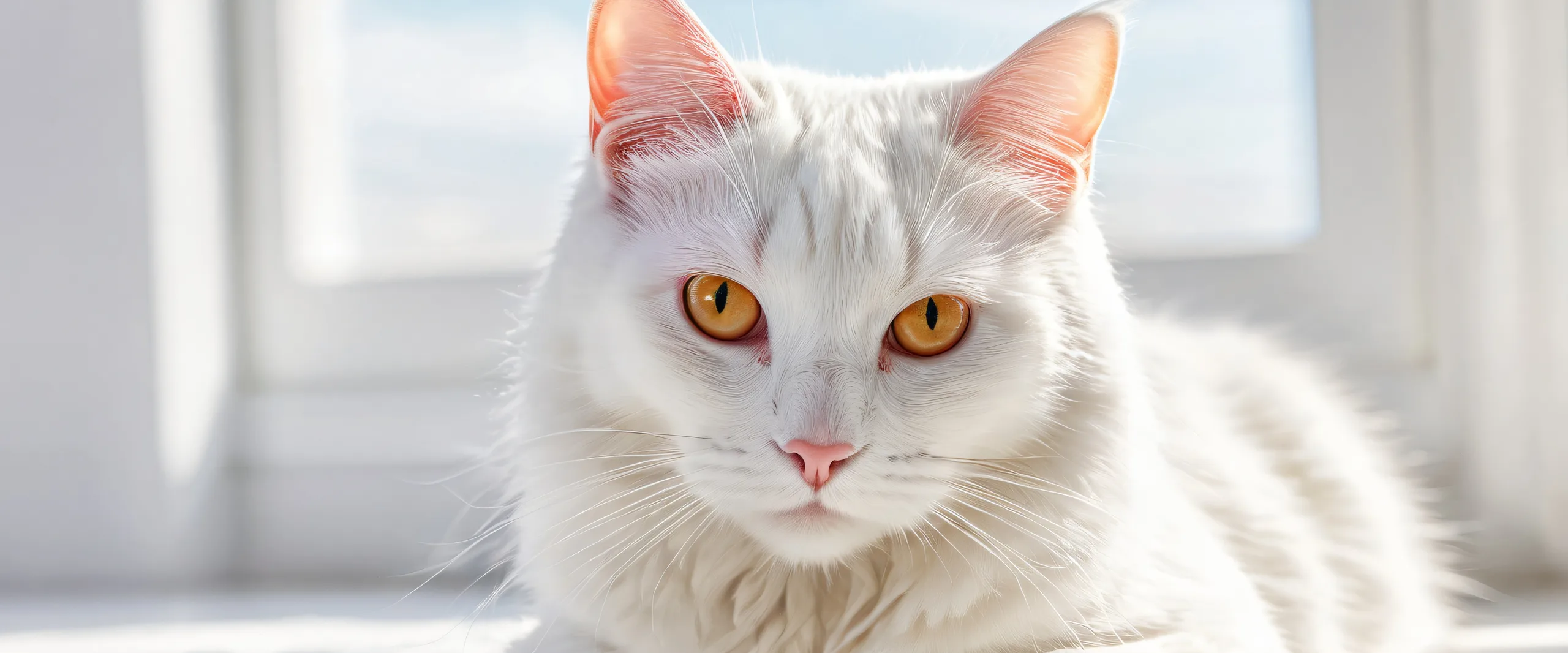 A majestic white cat with black patches on a vast pure void desktop background for PC or Desktop use.