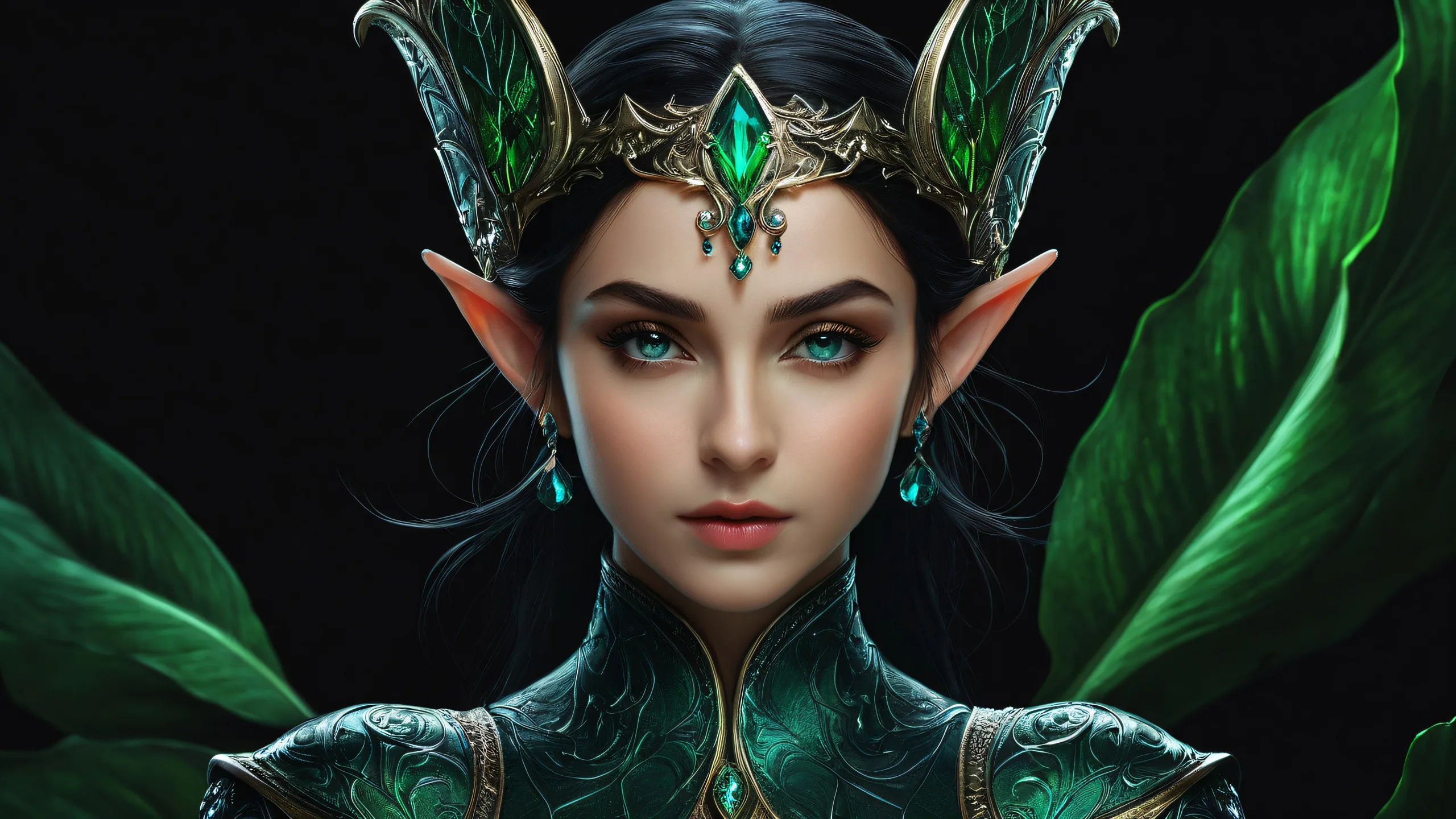 Elf girl standing in a pure void with deep depth of field against striking background, suitable for Desktop/PC use.