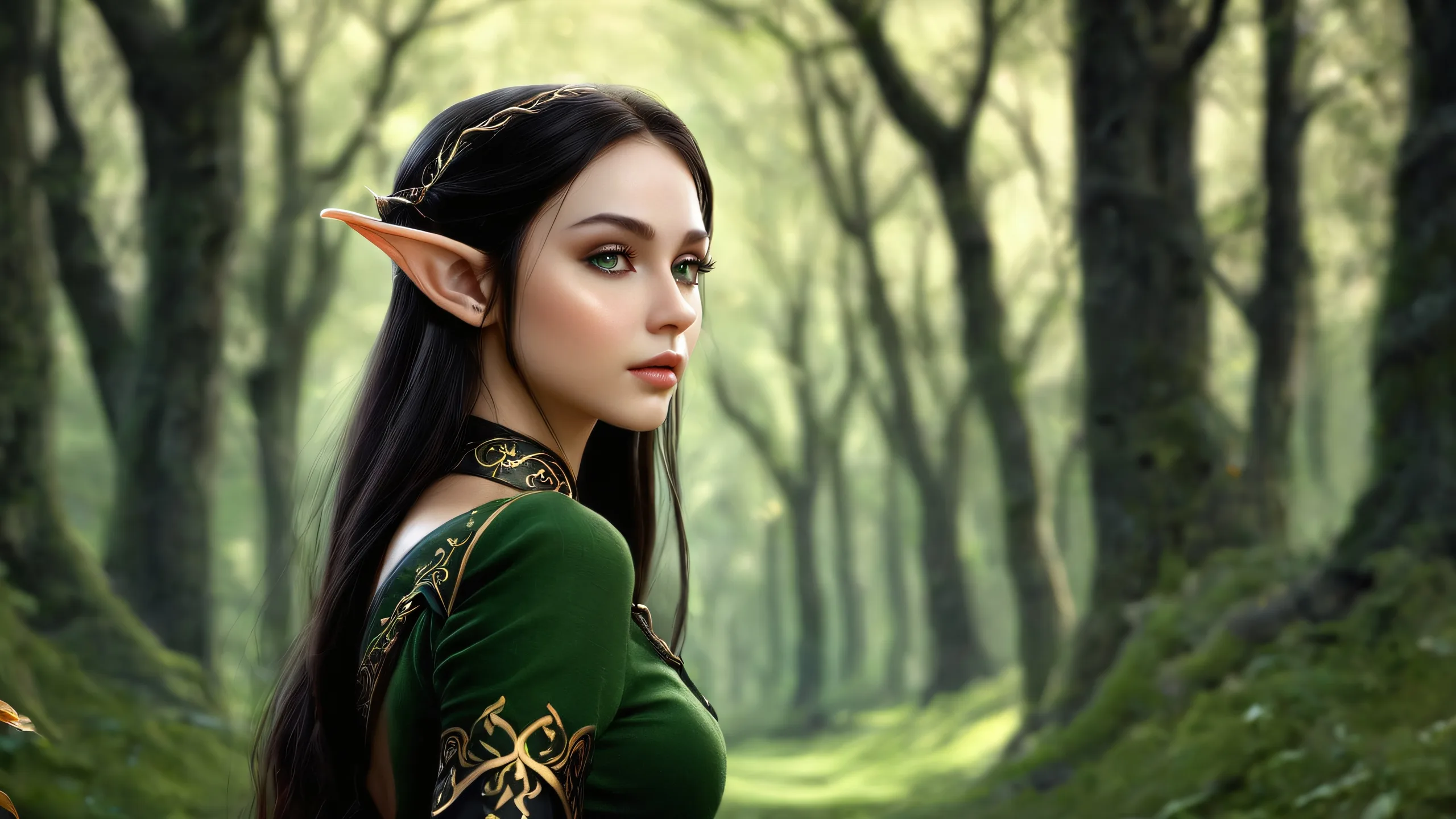 4K Whispering Forest Goddess Desktop Background A mystical elf girl stands amidst a vast, dark forest, with striking tree silhouettes against a deep void. For desktop/PC use.