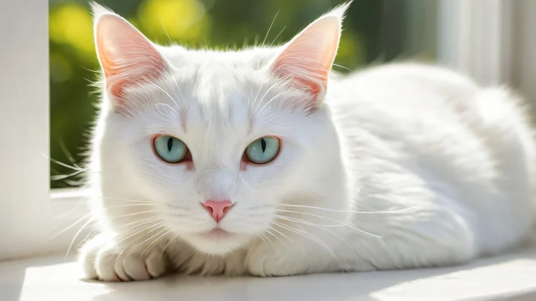 A stunning desktop wallpaper featuring a white cat in an extreme depth of field against a vast pure void, adapté à un ordinateur de bureau/PC.