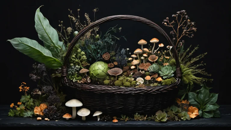 A mesmerizing desktop wallpaper featuring a Witch's Grab Basket on a deep black background, with plants and fungi arranged in perfect harmony. Suitable for Desktop/PC.