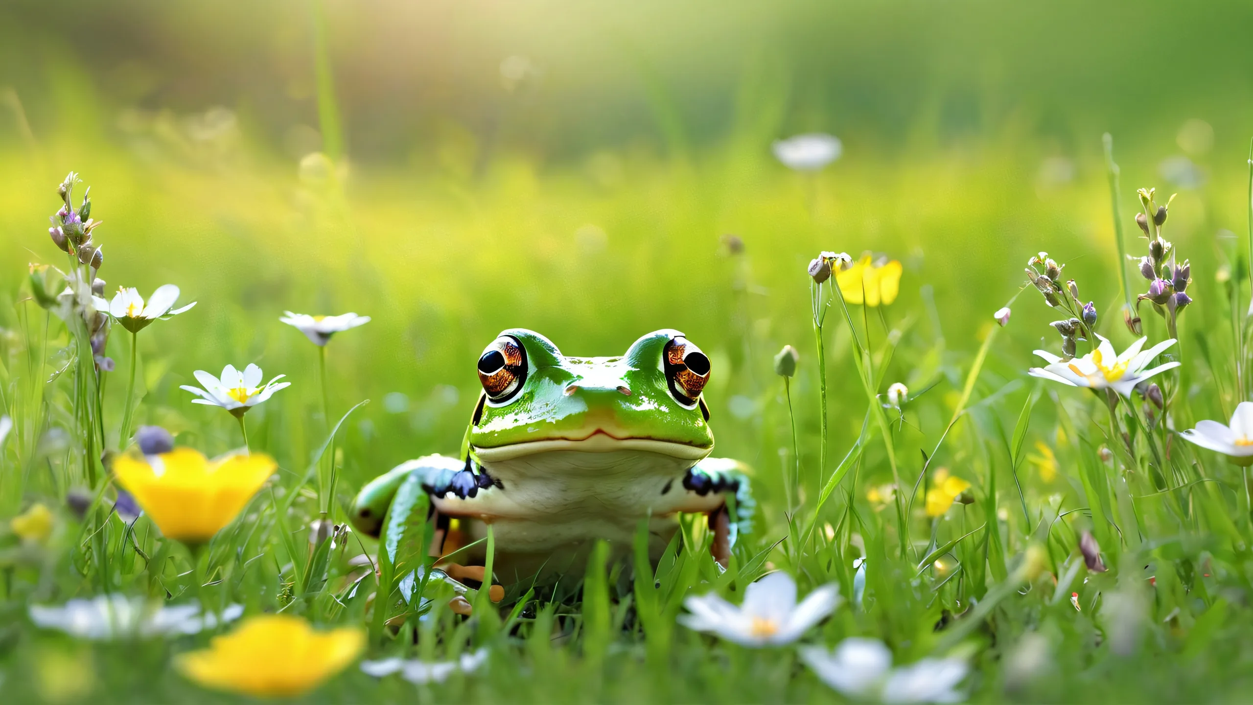 Epic Whispering Wildflower Meadow Desktop WallpaperPerfekt für Ihren PC oder Desktop Ethereal desktop image of a frog in a meadow with soft flowers and green grass, perfect for your PC or Desktop.