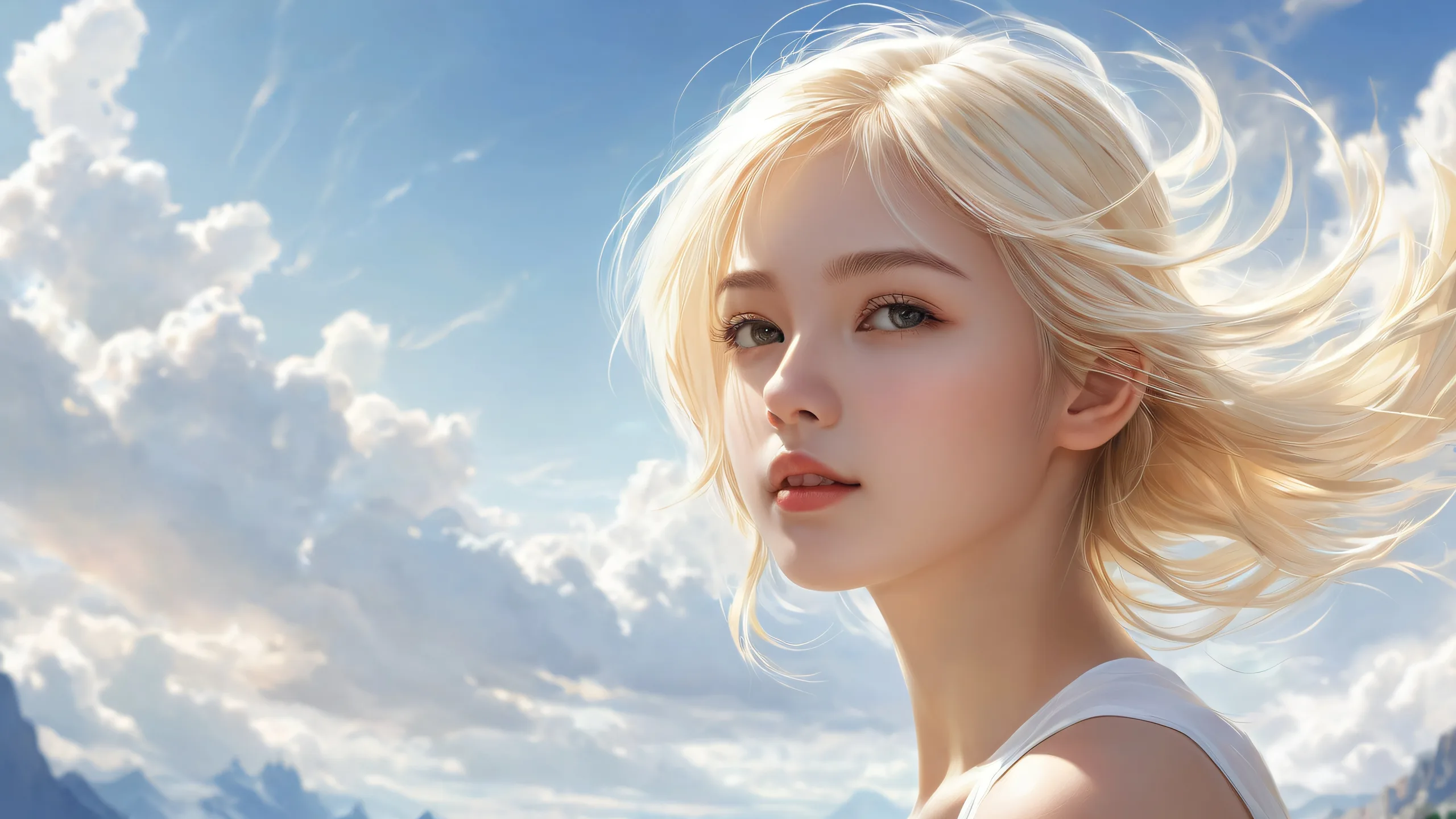 Elegant blonde-haired woman amidst a vast, pure void, with ethereal lighting and ray-traced reflections, perfect for desktop/pc backgrounds.