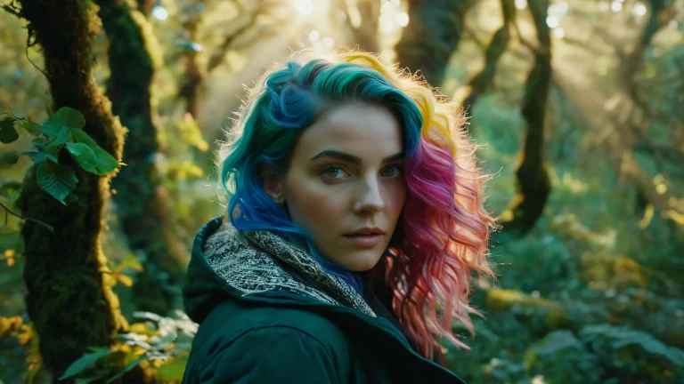 A mystical forest glade with a young woman featuring heterochromic eyes and vibrant hair, parfait pour votre ordinateur de bureau/PC.