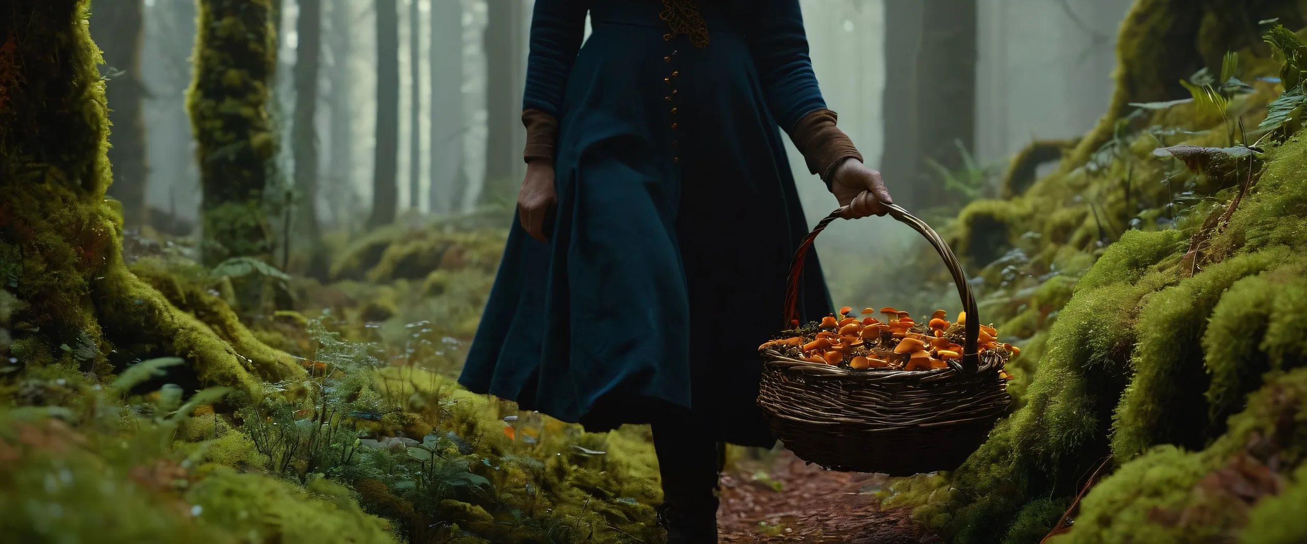 Whispering Woods Herbalist Delight Aesthetic PC Wallpaper A witch-botanist holding a basket of exotic herbs and mushrooms in a misty primeval forest, perfect for a desktop background.