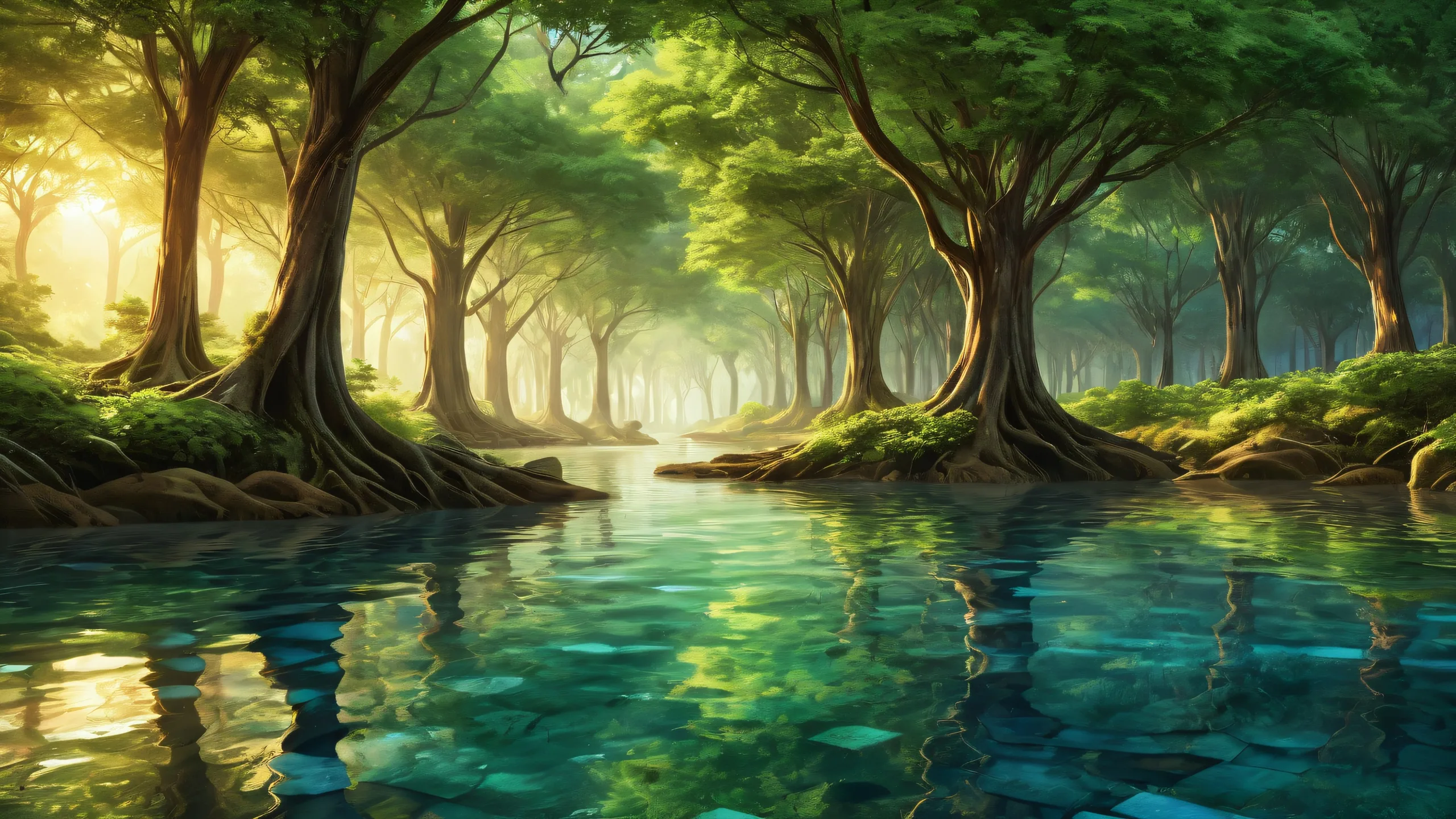 A serene desktop background of towering trees reflected in a pure void, suitable for Desktop/PC screens.