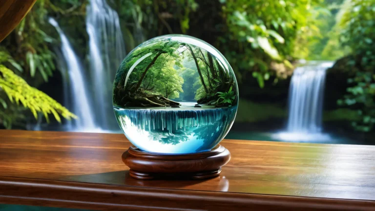 A majestic waterfall desktop background featuring a worn wooden table with a crystal ball on a pristine void, perfect for showcasing details on Desktop/PC.