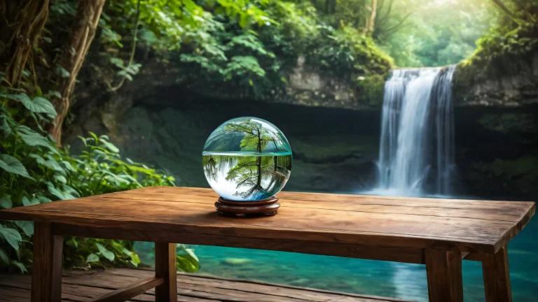 Ethereal desktop wallpaper featuring a waterfall with an old wooden table and crystal ball on a clean and vast pure void Desktop/PC background.