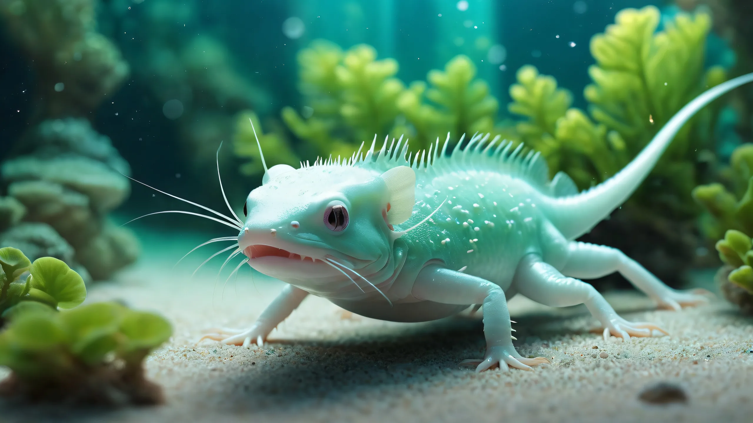 A stunning axolotl desktop background featuring a futuristic space station against a vast, pure void with ethereal lighting and radiant colors.