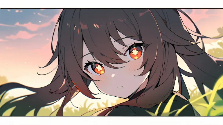 A girl, Hu Tao, gazes at the viewer against a breathtakingly clean and vast pure void, with a meadow and forest edge in extreme depth of field, perfectly capturing the essence of Genshin Impact's beauty, for desktop/pc.