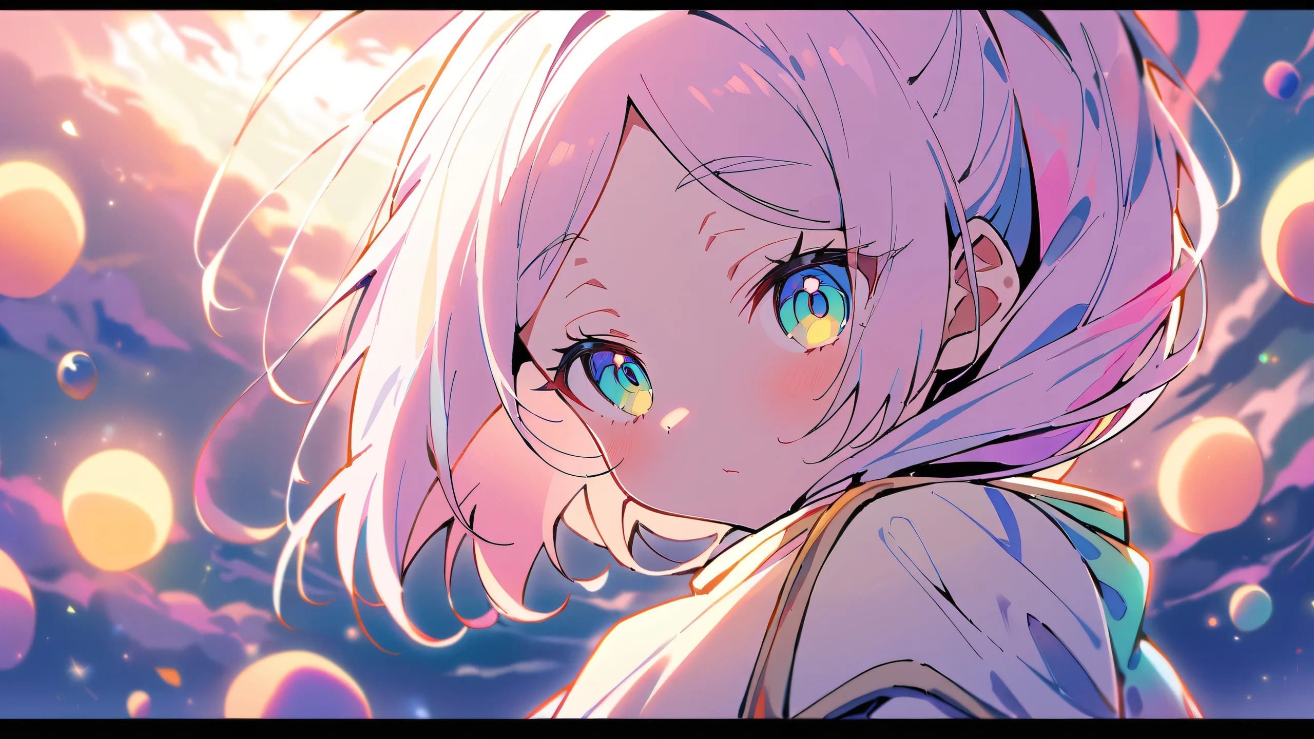 A girl stands in a vast pure void, looking directly at the viewer. Her gaze is calm and serene, with no distraction from the perfectly clean background that stretches out infinitely.