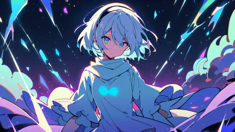 A girl stands alone amidst a vast, clean void, looking directly at the viewer. Desktop/PC