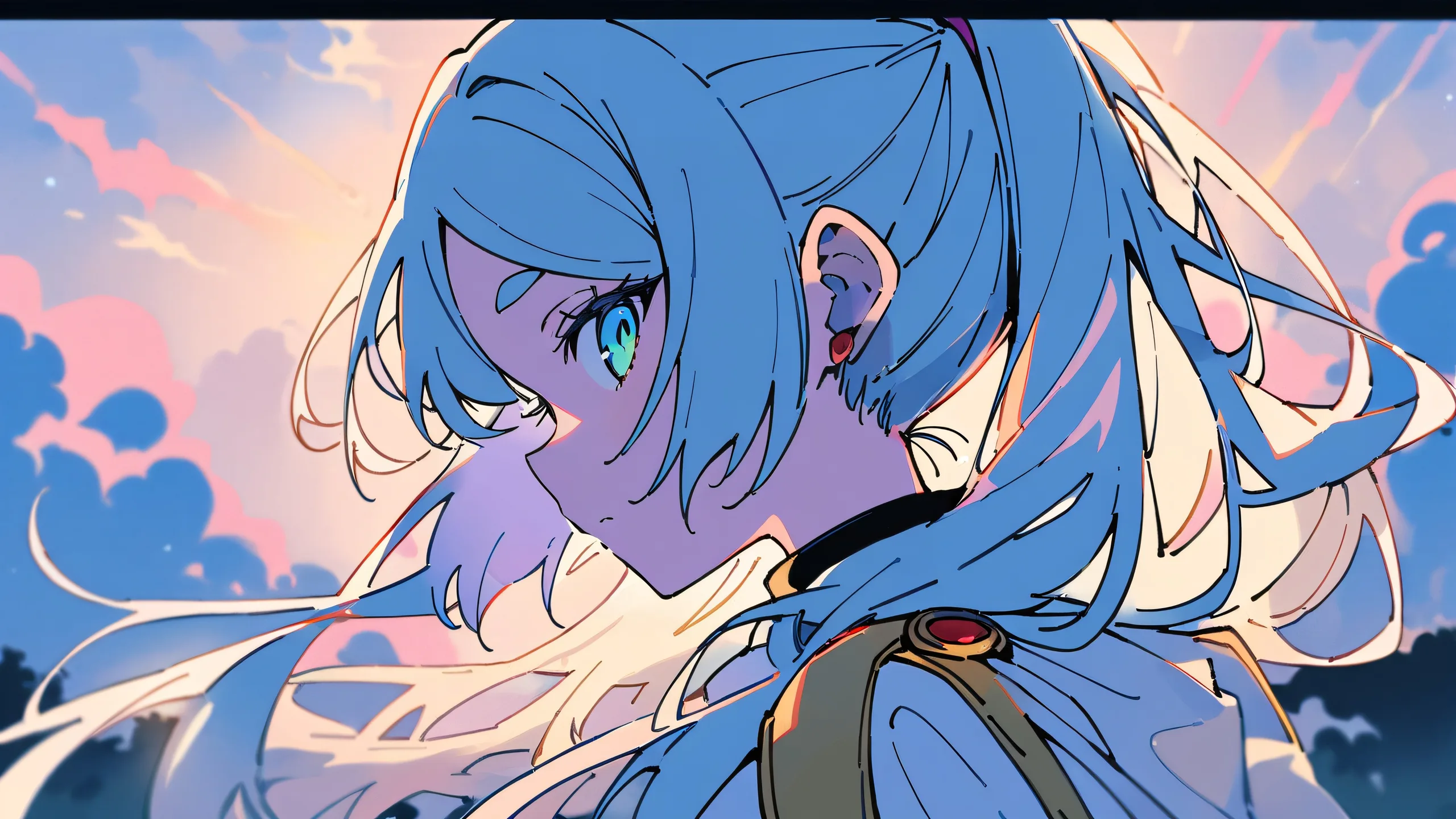 A girl sits solo amidst a vast, pure void, looking directly at the viewer with an air of melancholy contemplation on her face. For Desktop/PC use.