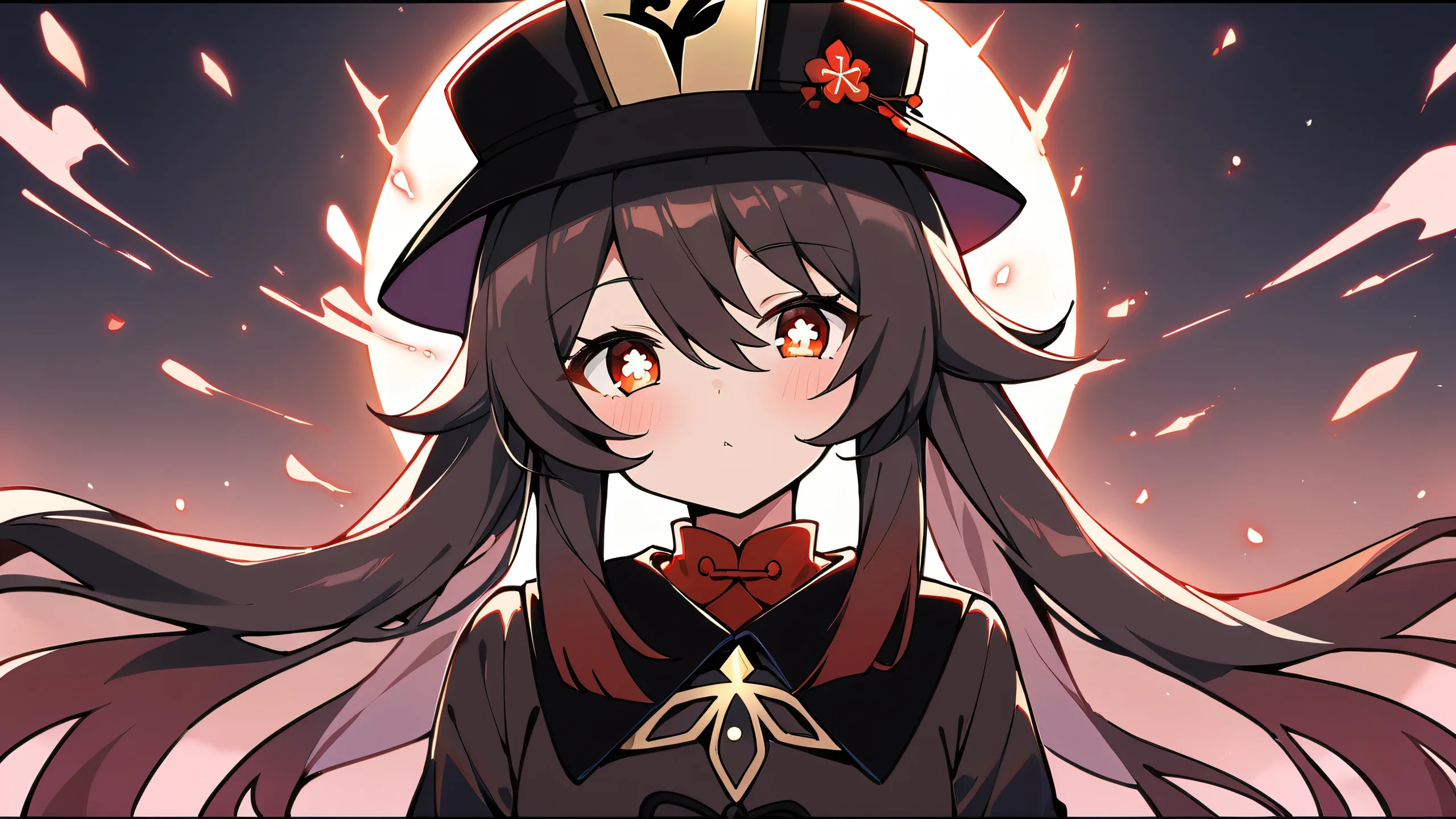 A girl from Genshin Impact, Hu Tao, gazing at the viewer against a vast pure void with a plaid background and extreme depth of field on a desktop/pc.