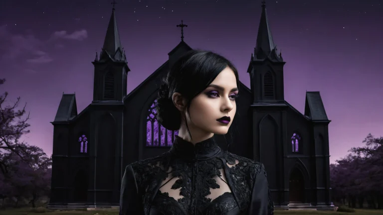 A dark mode desktop wallpaper featuring a young goth woman standing in front of an old black church in LA at dusk, with deep perfect blacks and striking contrast.
