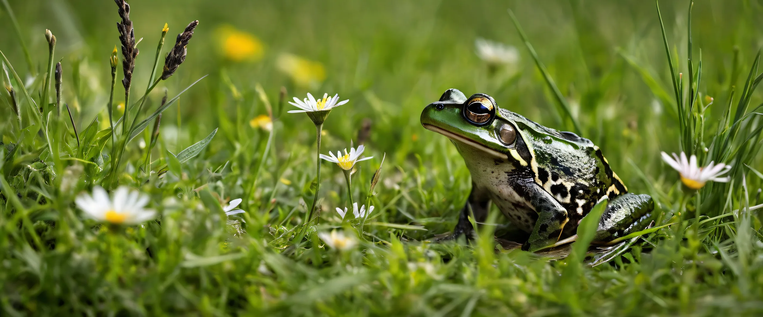 Desktop/PC wallpaper featuring a frog amidst soft wildflowers and green grass, with deep blacks and crisp contrast.