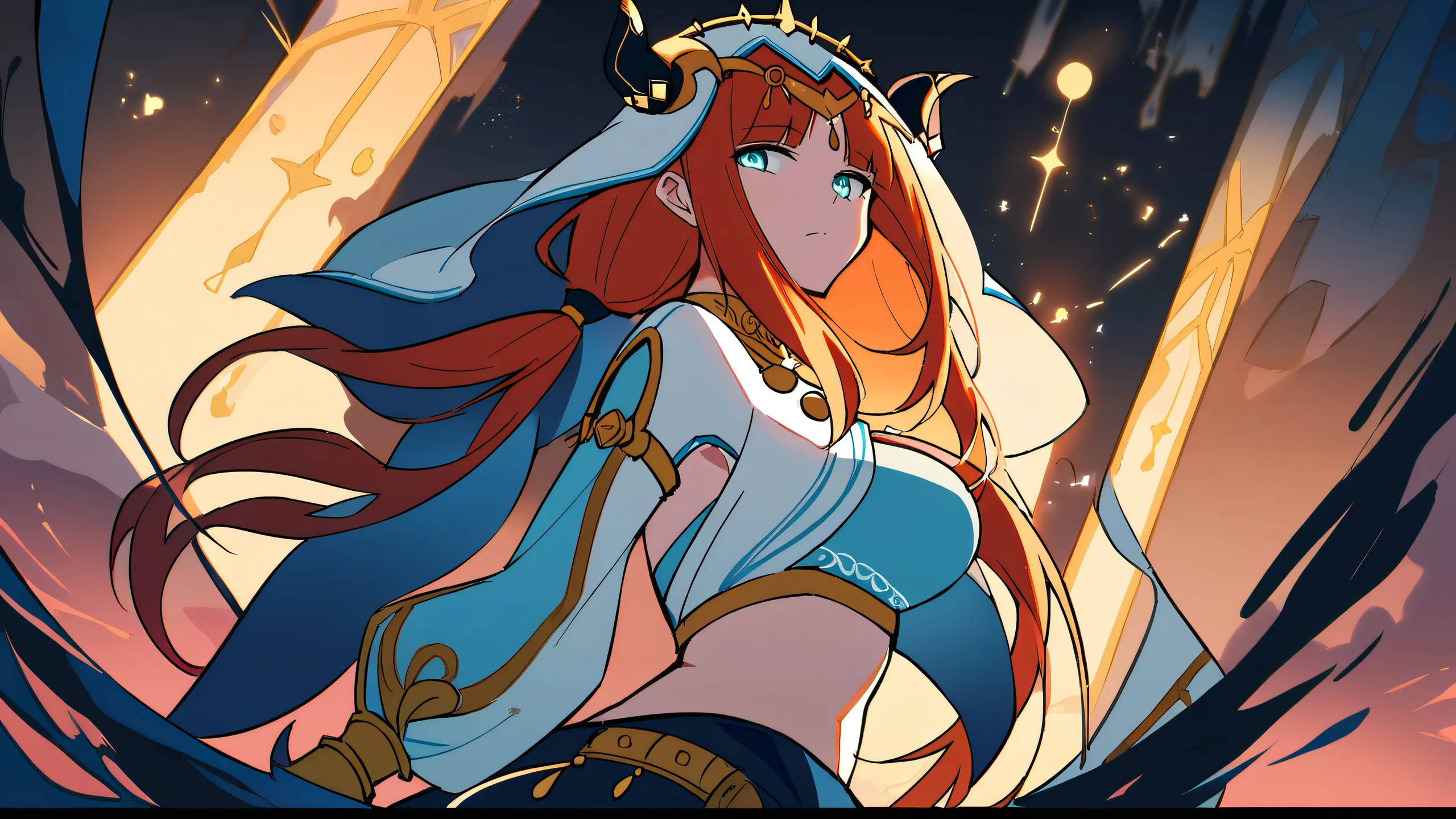 A serene anime girl gazes into the distance on a perfectly clean vast void, with a stunning sunset glow on her face, for desktop/pc use.