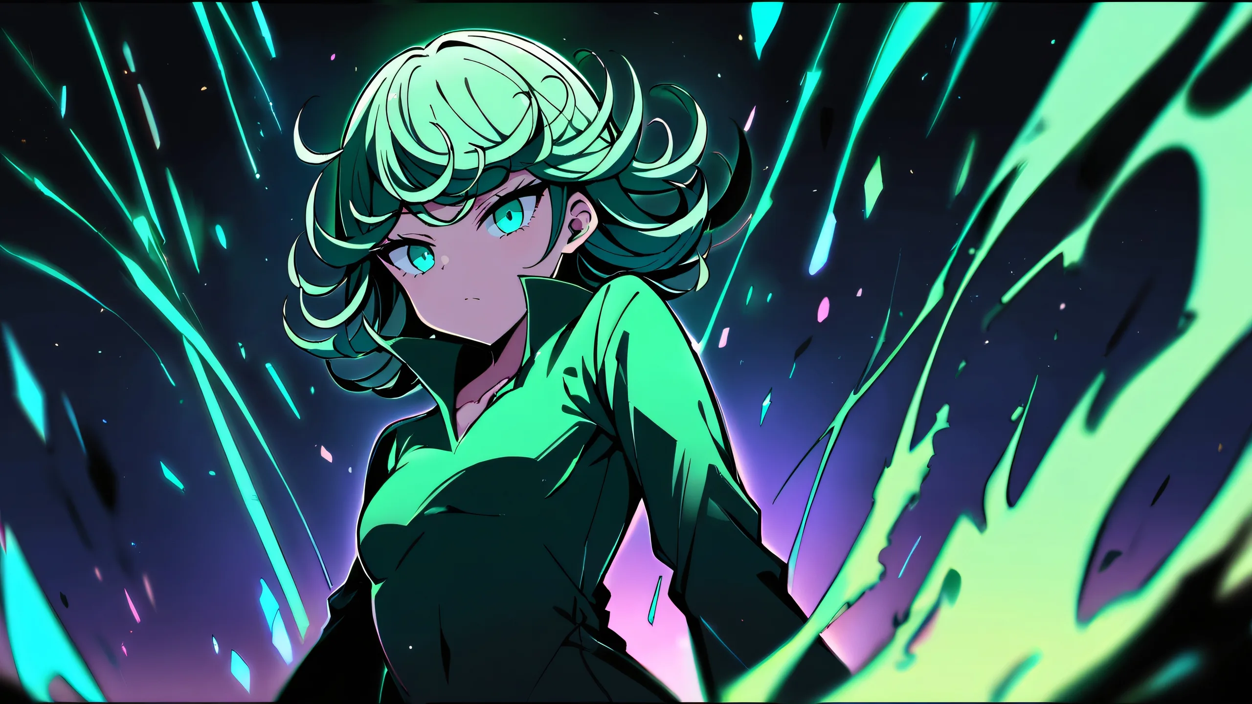 A solo Tatsumaki from One Punch Man looking at you on a perfectly clean vast pure void background with circuit board textures and glowing lights.