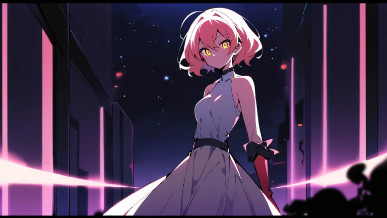 A young woman stands alone in a vast, pure void with extreme depth of field, surrounded by gentle lights and dramatic shadows, perfect for desktop use on PC or Mac.