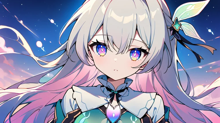 A young girl gazes into the vast pure void of space on a perfectly clean desktop, surrounded by vibrant anime-inspired colors and cinematic lighting.