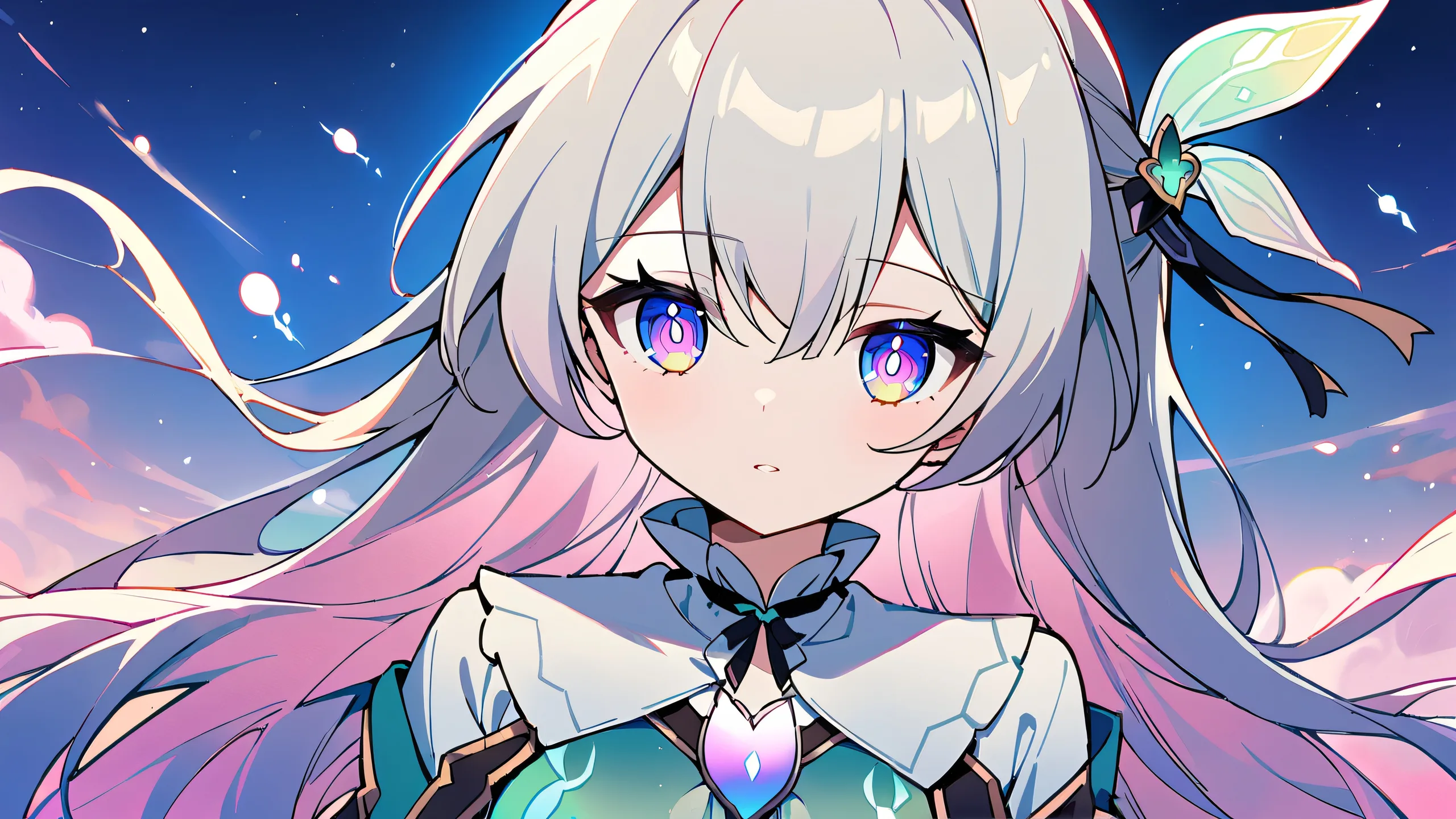 A young girl gazes into the vast pure void of space on a perfectly clean desktop, surrounded by vibrant anime-inspired colors and cinematic lighting.