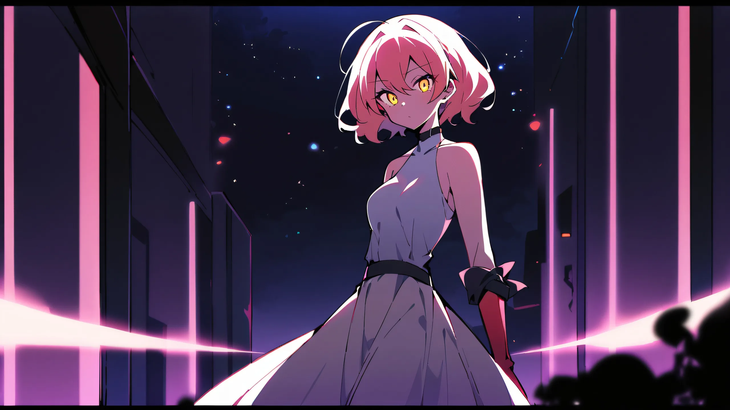 A young woman stands alone in a vast, pure void with extreme depth of field, surrounded by gentle lights and dramatic shadows, perfect for desktop use on PC or Mac.