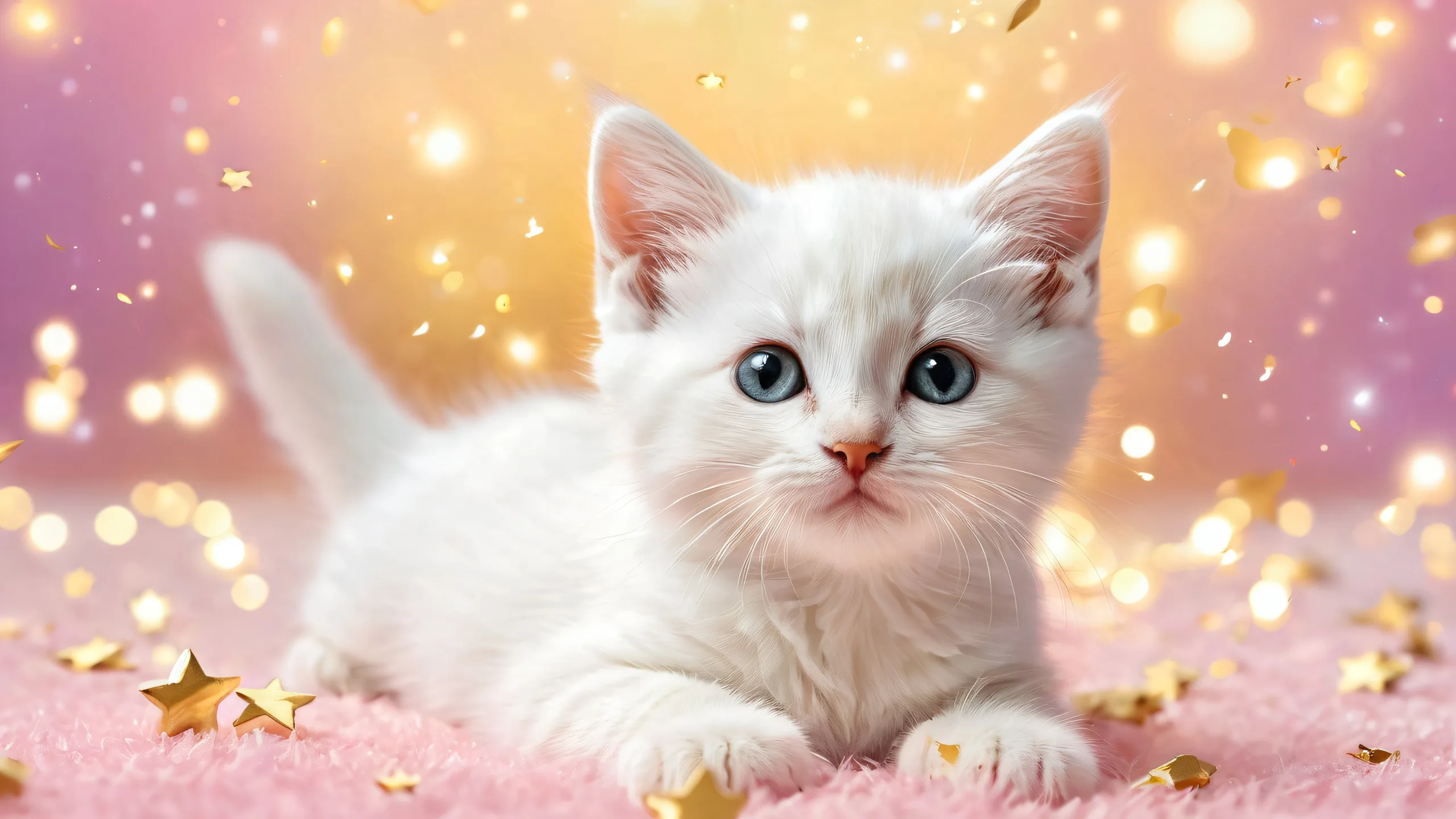 A whimsical desktop scene featuring a kitten amidst clouds and shooting stars on a pure void background, suitable for PC or Desktop use.