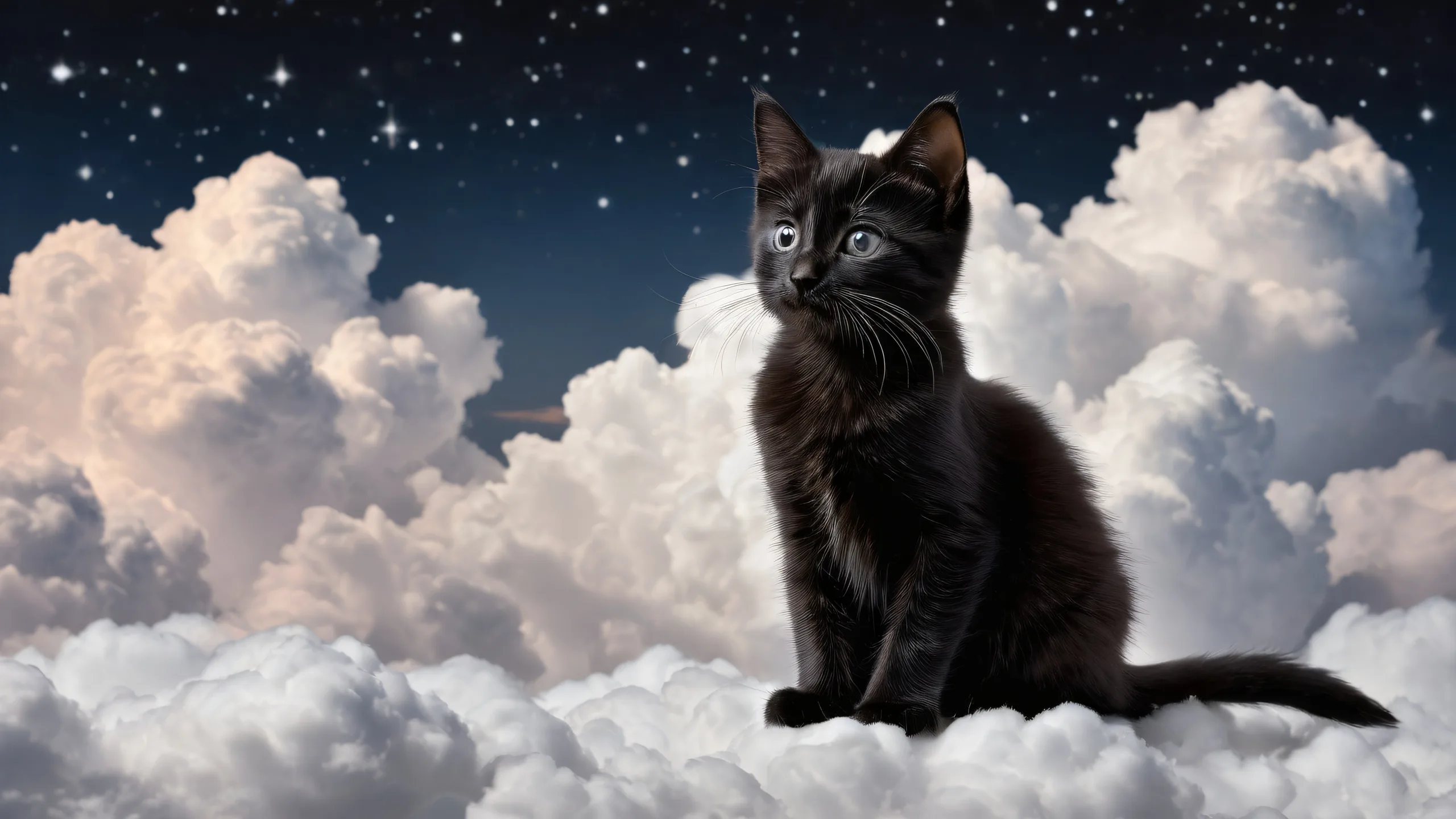A photorealistic desktop image featuring a kitten amidst soft clouds and stars against a deep, dark void on a pristine Desktop/PC background.