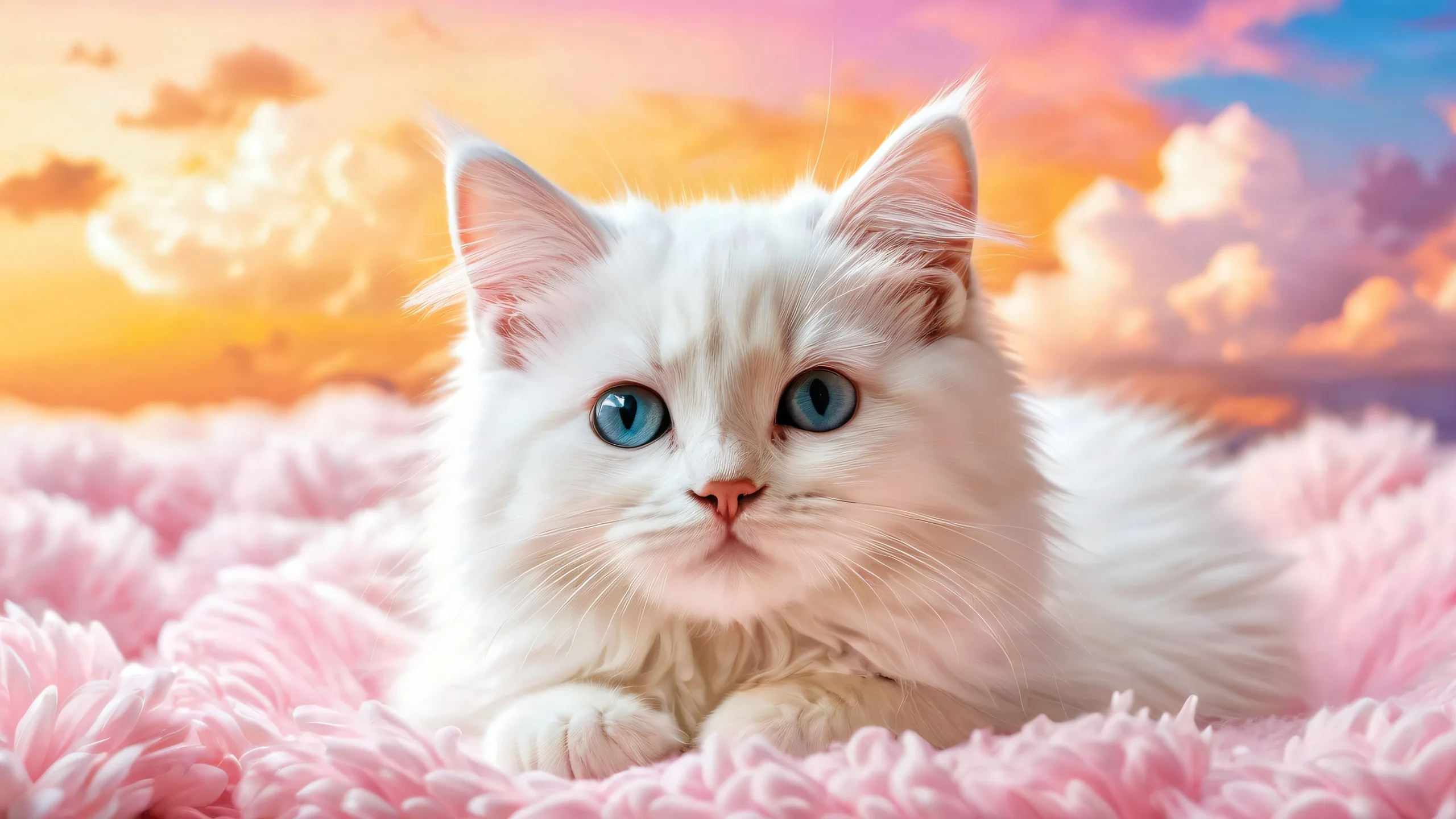 A serene desktop scene featuring a kitten on a soft bed amidst fluffy white clouds, perfect for your PC or Desktop.