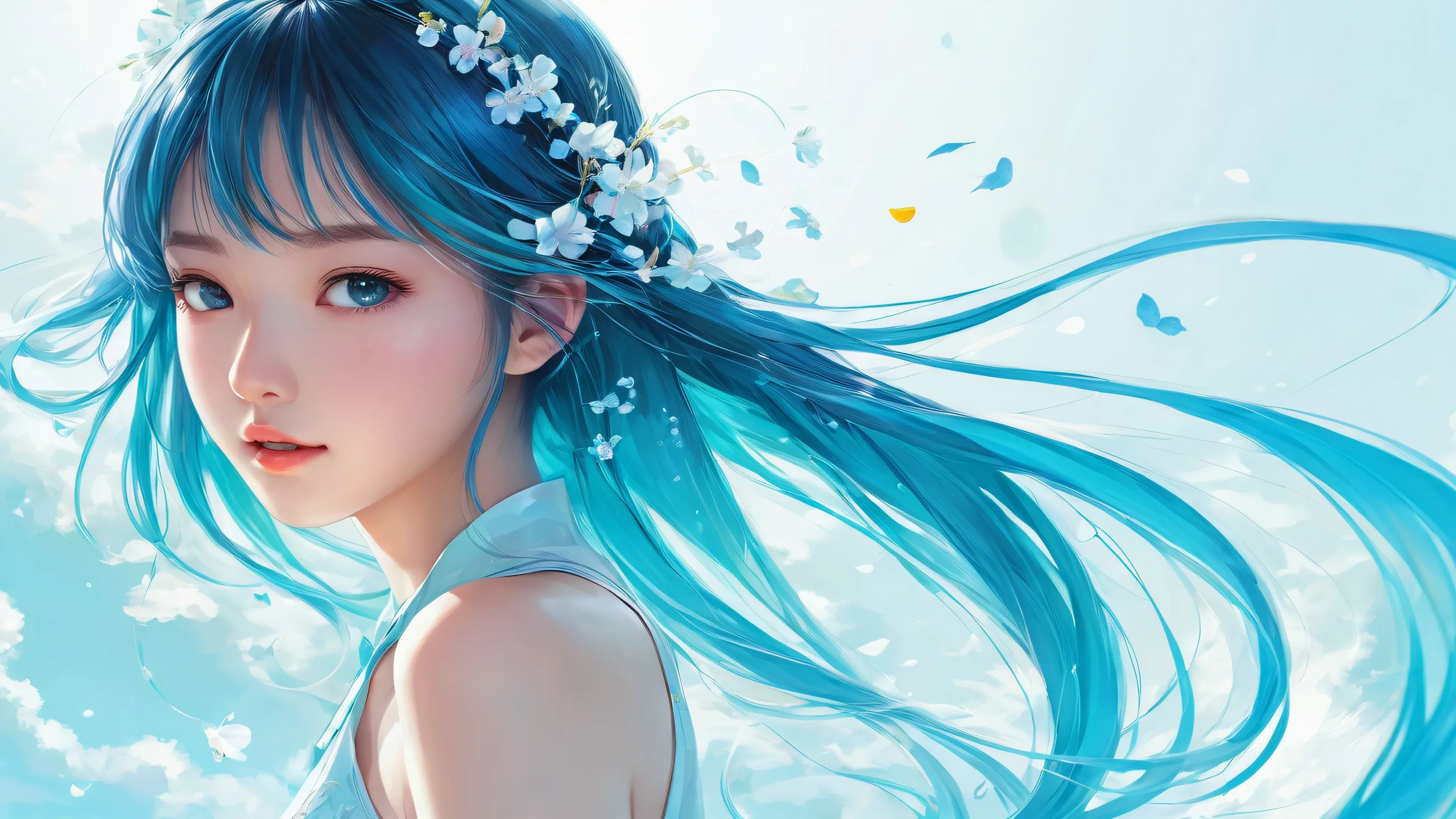Girl in a pure void with aqua blue gradient and anime/manga inspired art on desktop/pc