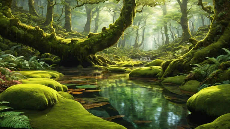 A breathtaking desktop background featuring a magical being amidst a pristine void with a mossy forest floor, perfect for your computer or PC.