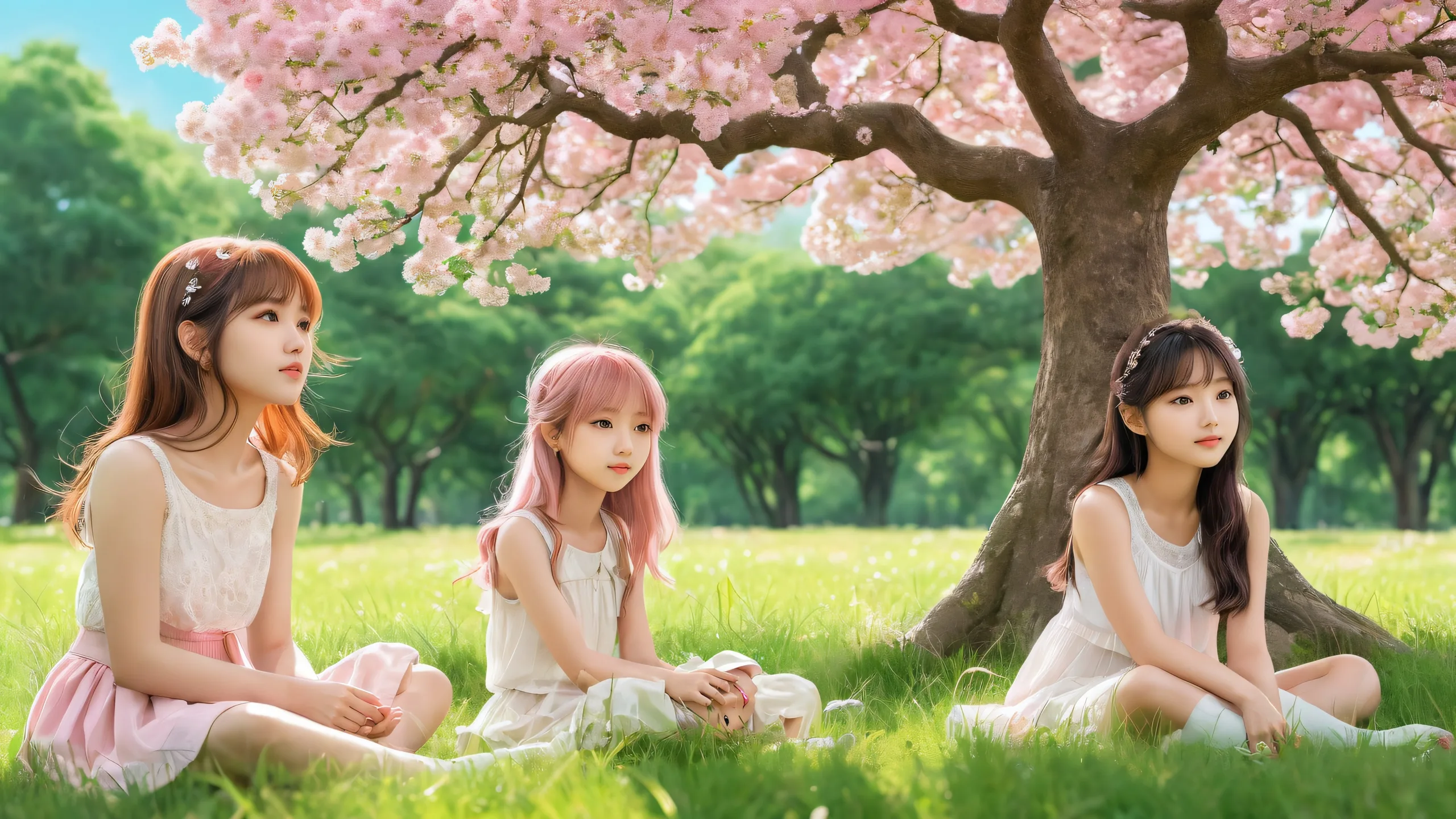 A serene desktop scene featuring multiple girls amidst a vast pure void with a tree and grass, perfect for PC or Desktop use.