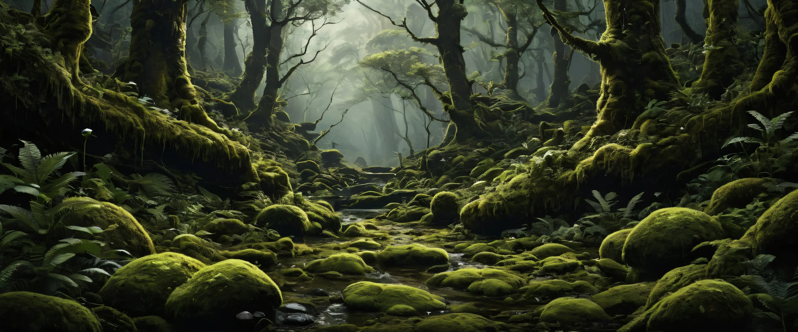 Ultra HD Whispers of Enchanted Realms Wallpaper A majestic magical being against a pristine pure void background, with a mossy forest floor in the distance on a desktop/PC.