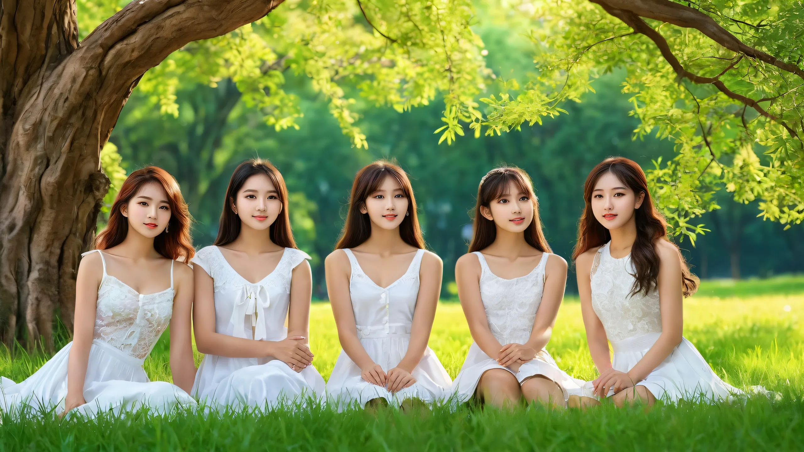 A group of girls amidst a vast void, with a tree and grass in the distance, on a desktop/pc background.