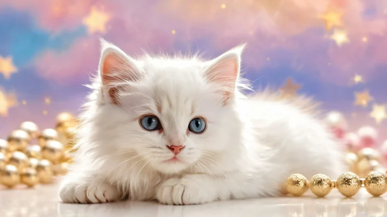 A serene desktop scene featuring a kitten surrounded by pure void, fluffy clouds, and shooting stars on a pristine computer or PC.