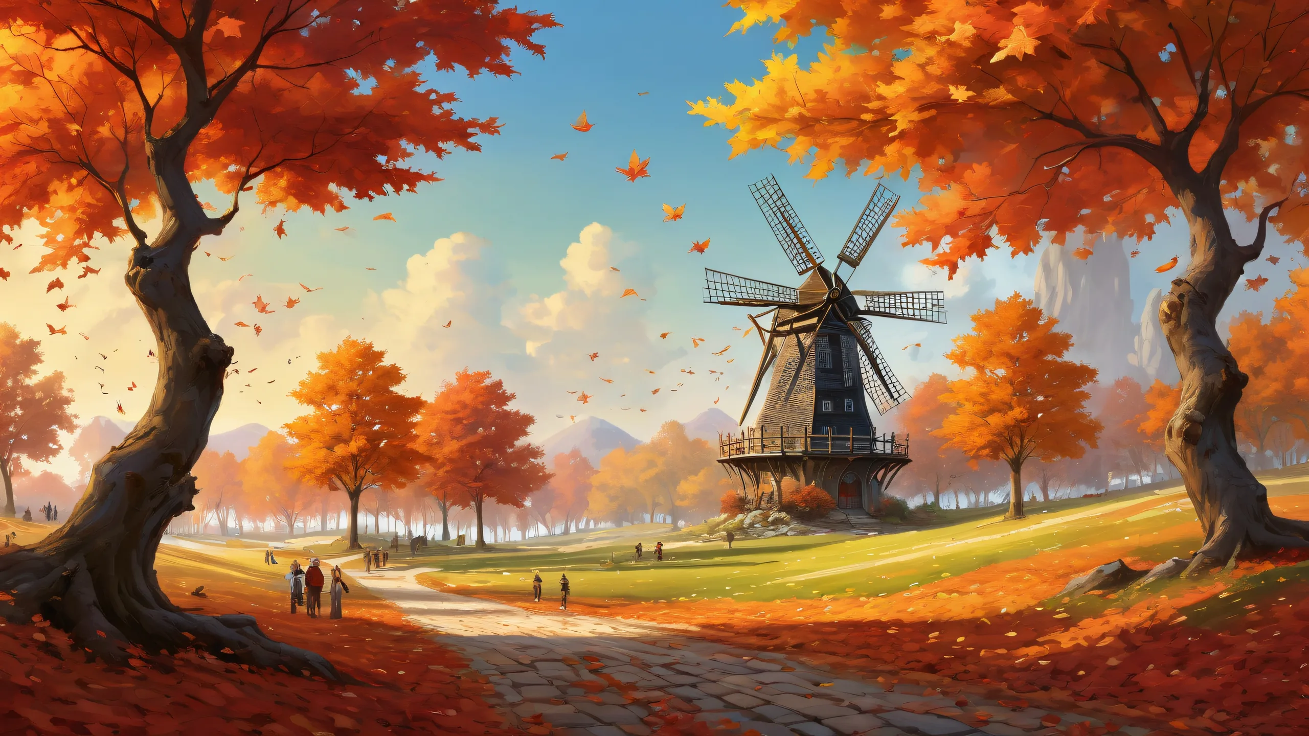 Autumn Maple Grove with Crowds and Windmill Blades on a Desktop/PC, set against a backdrop of autumn foliage