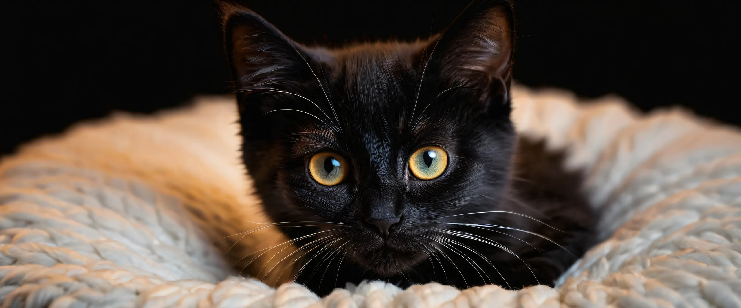 A whimsical desktop background featuring a kitten amidst a vast pure void with soft fuzzy cat bed and deep perfect blacks for a sleek dark mode aesthetic, ideal for PC or Desktop use.