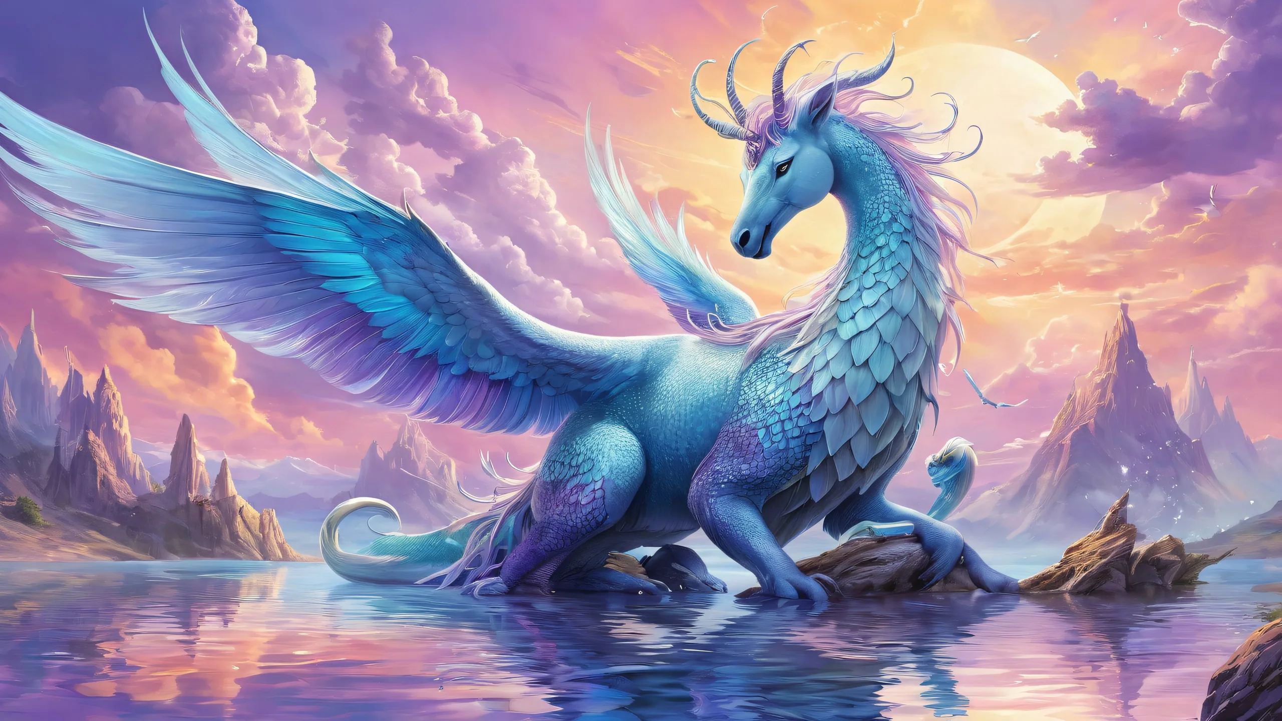 Whispers of Mystic Realms Aesthetic PC Wallpaper Ethereal fantasy creatures centered on a vast pure void for desktop/pc backgrounds with extreme depth of field and surreal lighting.