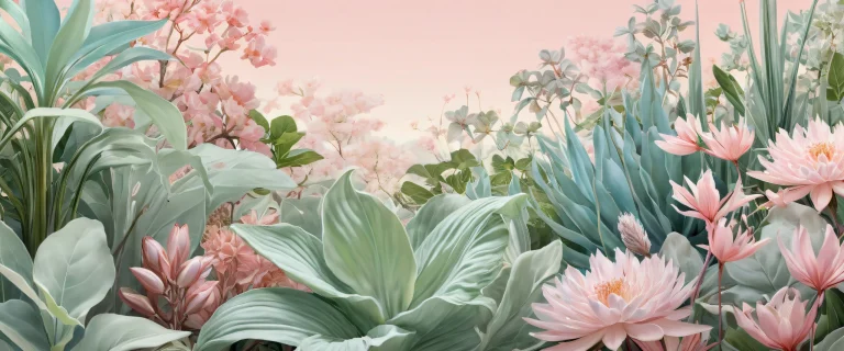 A tranquil botanical desktop featuring lush greenery and natural elements against a pure void backdrop, perfect for your Desktop/PC.